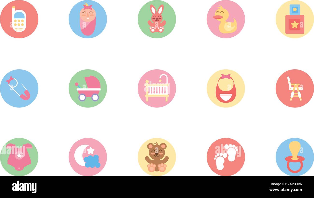 baby objects and toys icon set design, Child newborn childhood