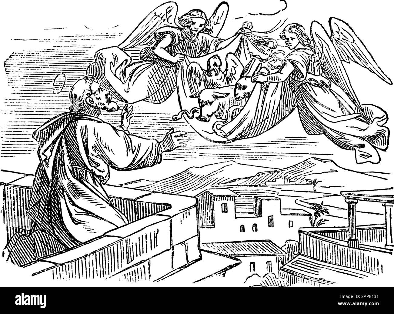 Antique vintage biblical religious engraving or drawing of story of vision of saint apostle Simon Peter and his vision of sheet with animals carried to be eaten.Bible, New Testament,Acts 10. Biblische Geschichte , Germany 1859. Stock Vector