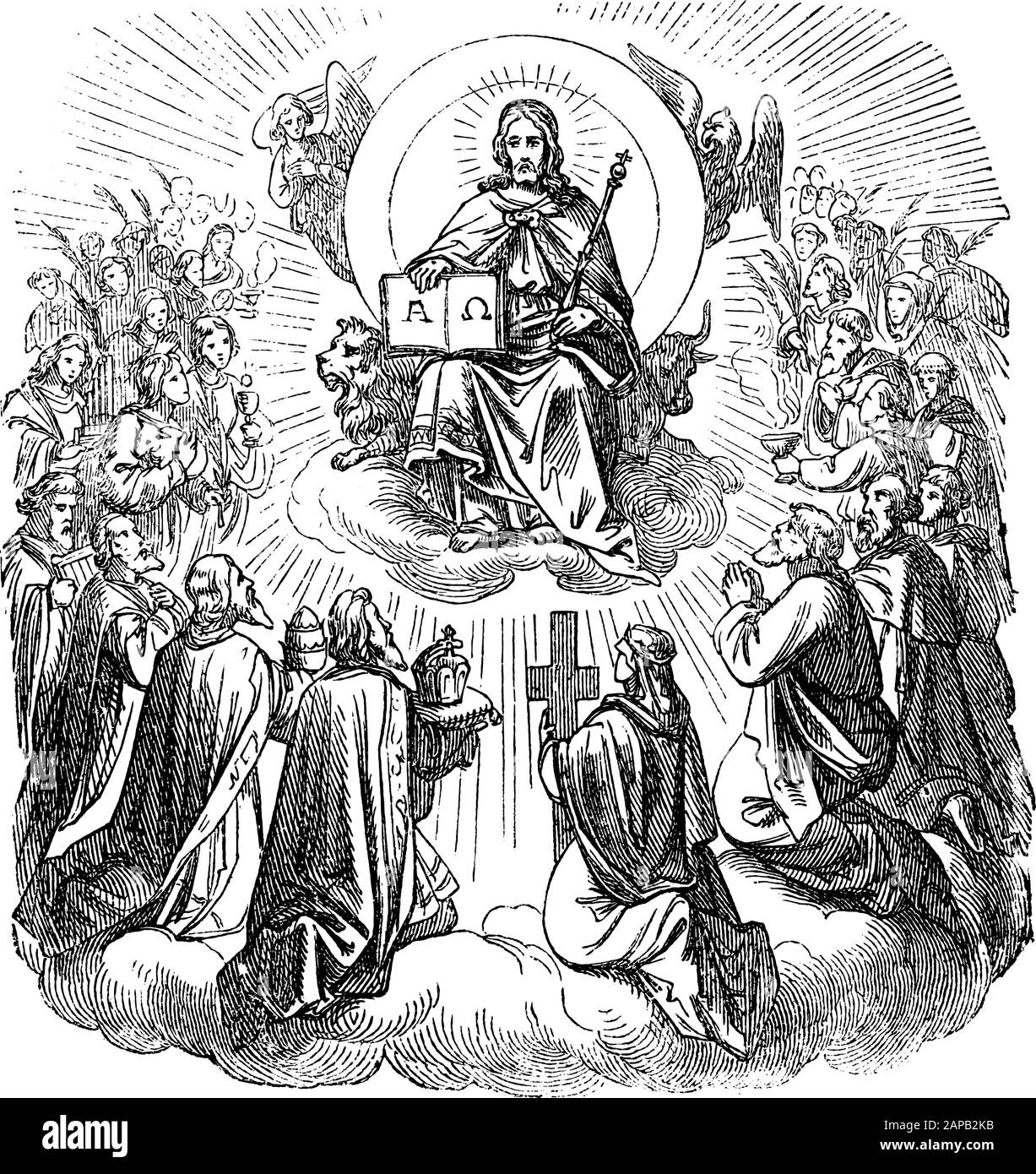 Antique vintage biblical religious engraving or drawing of Jesus Christ sitting as king on throne in heaven surrounded by apostles and believers.Bible, New Testament,Biblische Geschichte , Germany 1859. Stock Vector