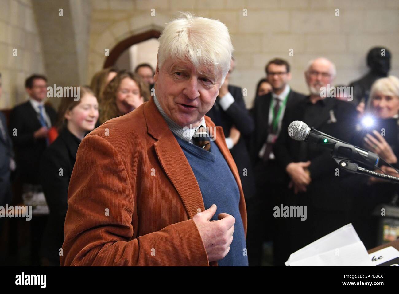 Stanley Johnson speaks at the Houses of Parliament in Westminster, London, during an event calling for a ban on trophy hunting imports. Stock Photo