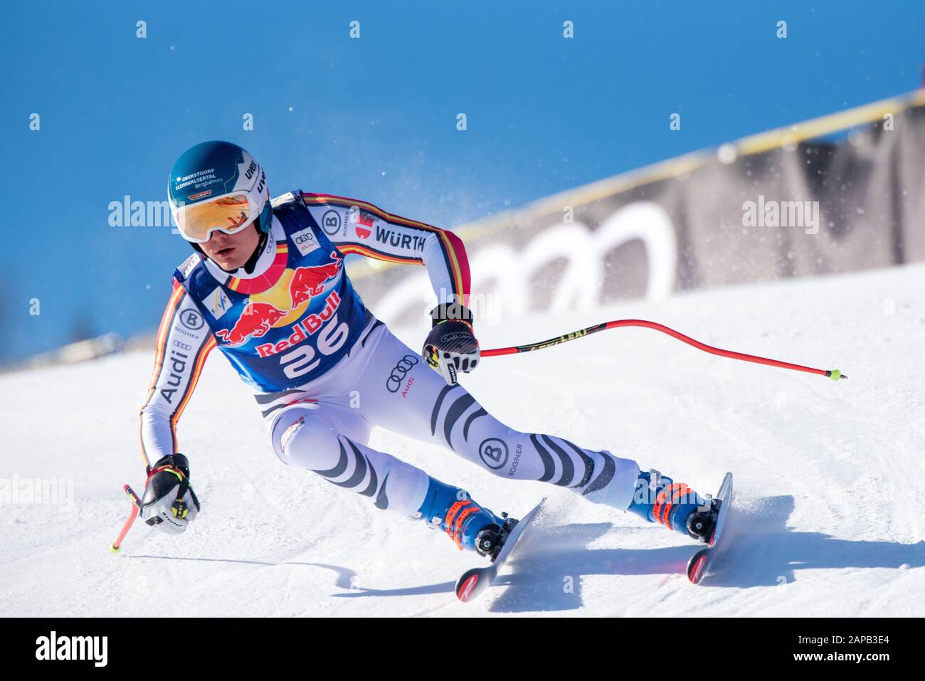 Manuel Schmid of Germany at the Ski Alpin: 80. Hahnenkamm Race 2020 - Audi FIS Alpine Ski World Cup - Men's Downhill Training at the Streif on January 22, 2020 in Kitzbuehel, AUSTRIA. (Photo by Horst Ettensberger/ESPA-Images) Stock Photo