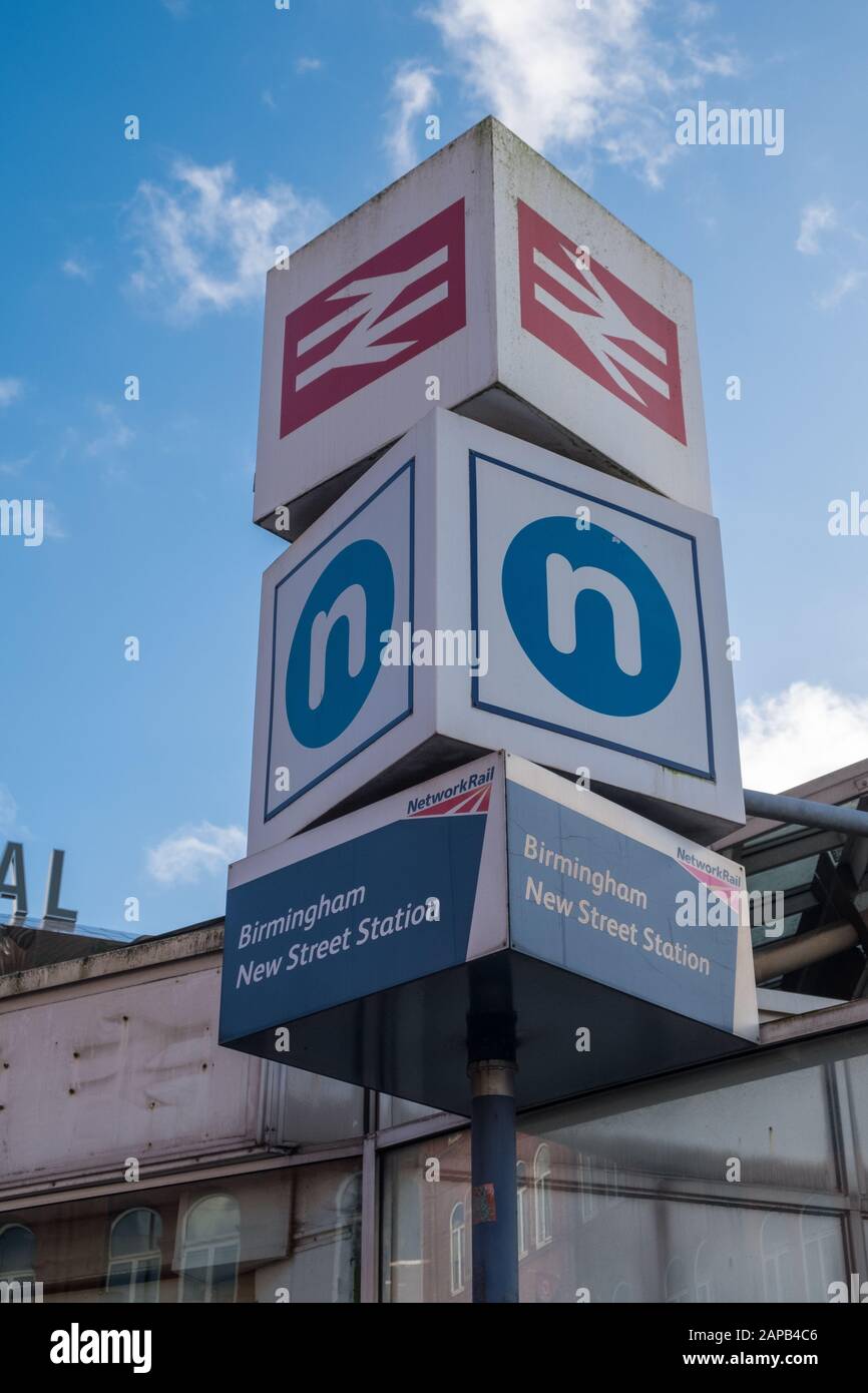 Signs on a post for Birmingham New Street Station in Birmingham, West Midlands, UK Stock Photo