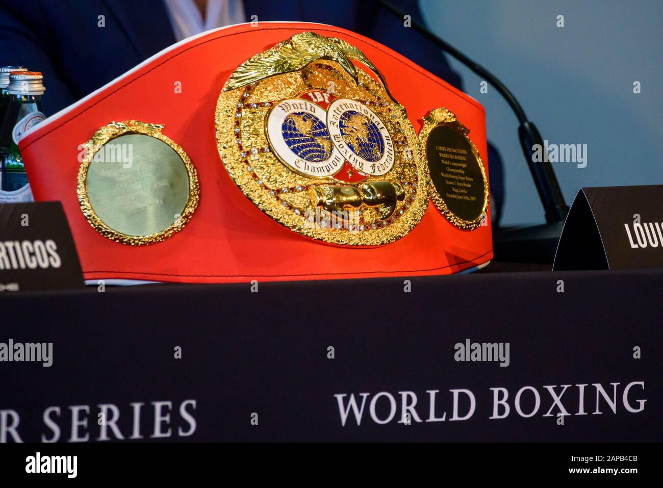 RIGA, Latvia. 22nd Jan, 2020. IBF World Champion belt. Press conference of Mairis Briedis and Yuniel Dorticos, before their upcoming fight for IBF title at World Boxing Super Series. Credit: Gints Ivuskans/Alamy Live News Stock Photo