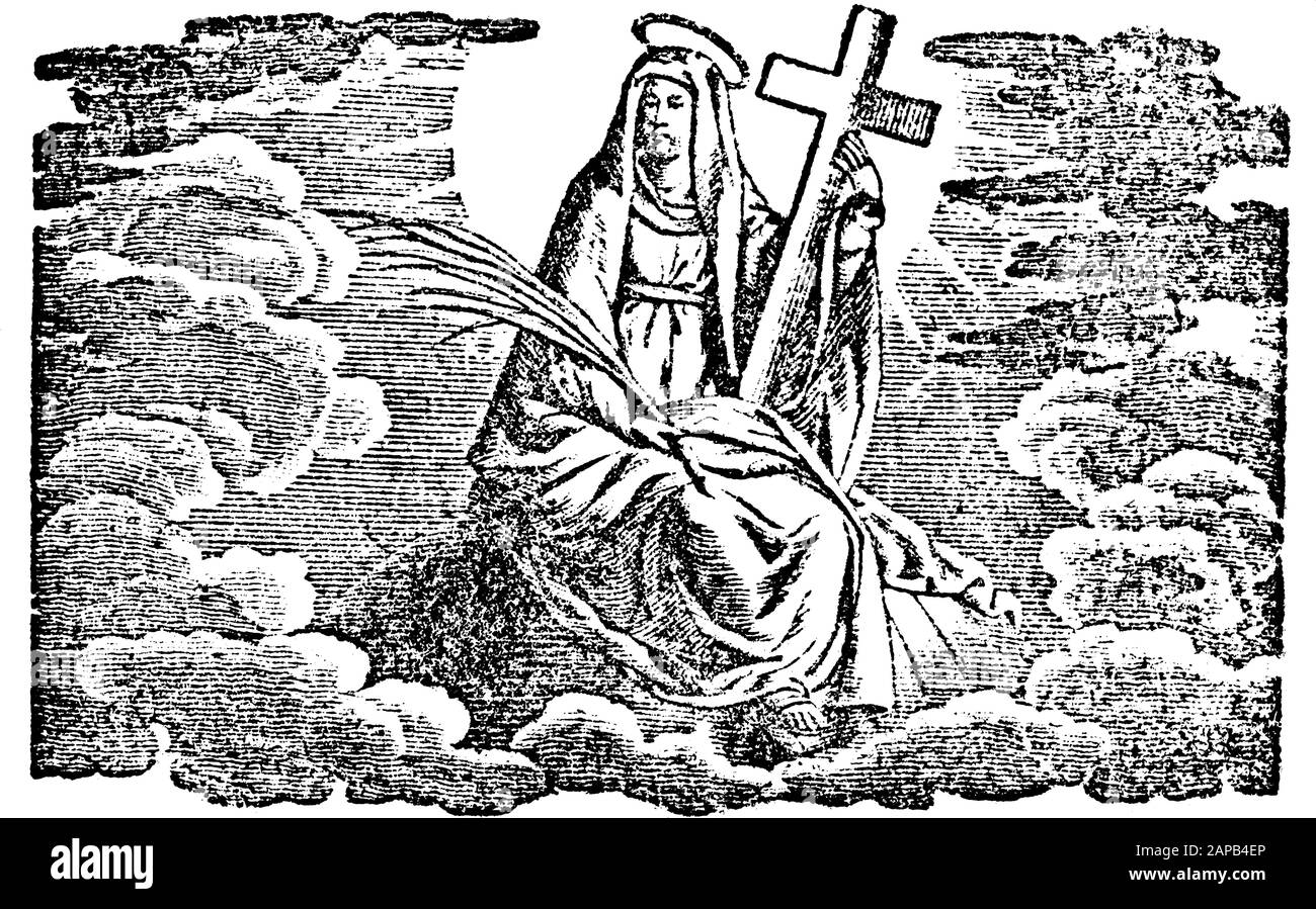 Antique vintage biblical religious engraving or drawing of holy woman on saint or Virgin Mary in heaven holding cross.Bible,New Testament,Mittlerer Himmelsschlussel, Neuhaus, Germany, 1840 Stock Vector