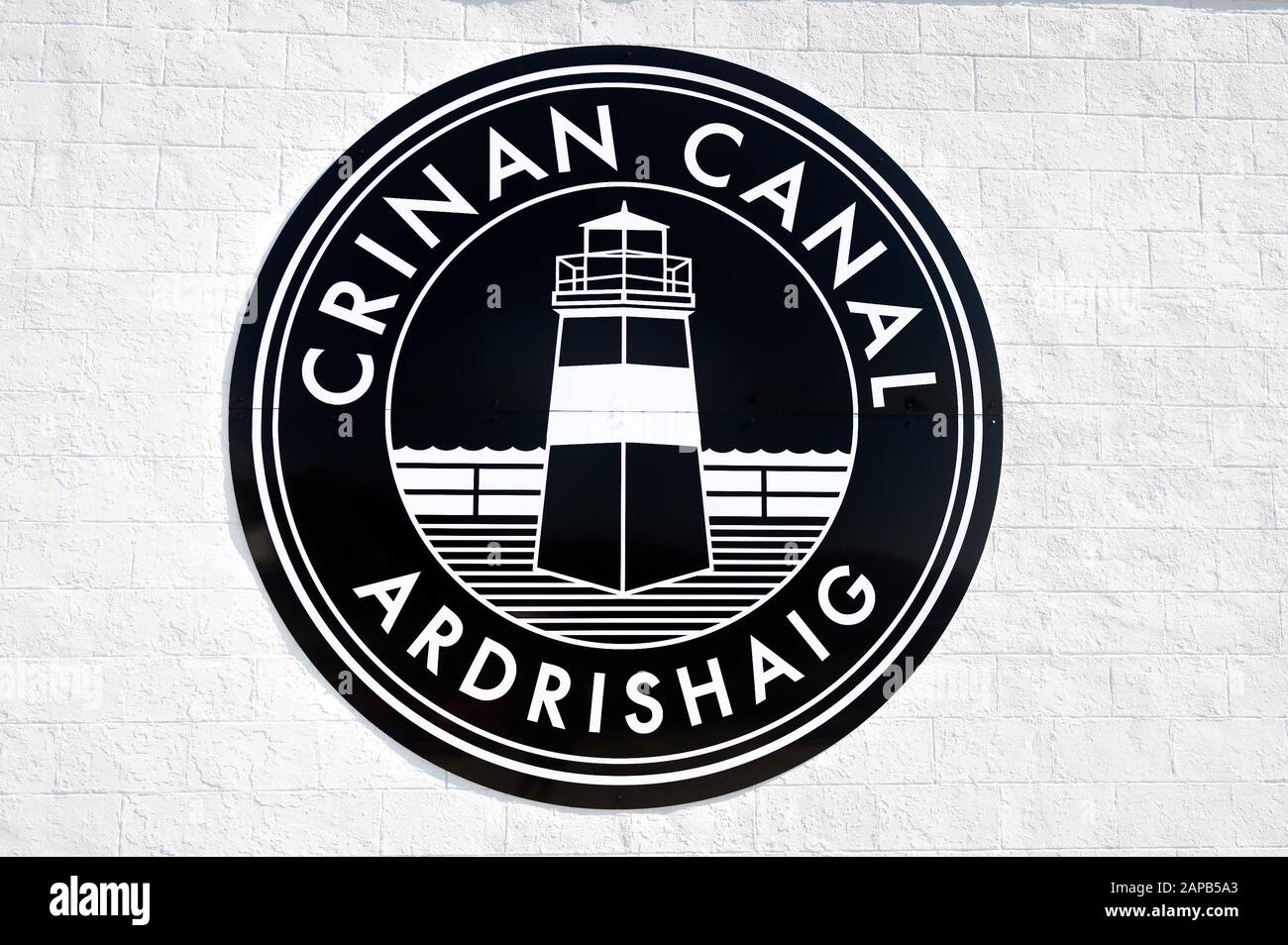 Crinan Canal welcome sign. Water channel in Scotland, popular landmark for boaters, part of sailing cruises route. Stock Photo