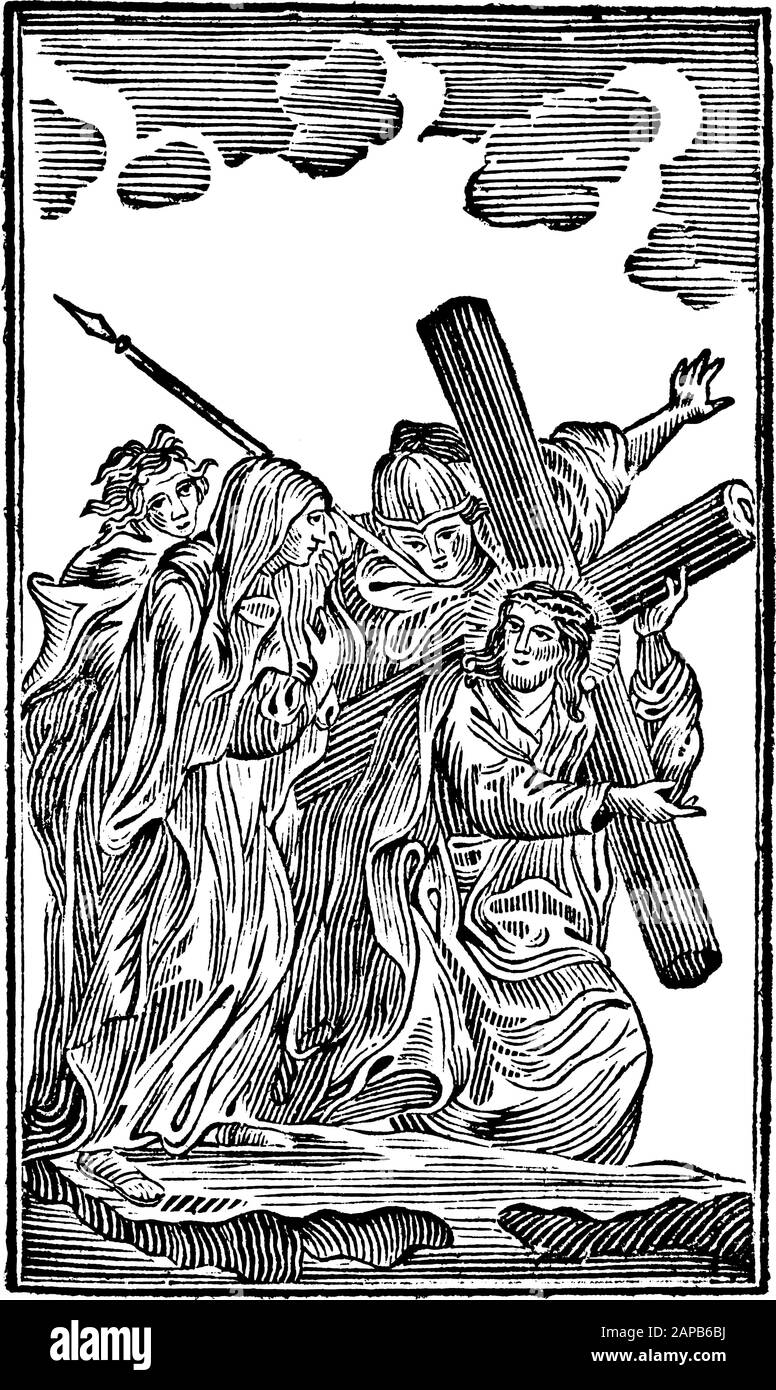 Antique vintage biblical religious engraving or drawing of 4th or fourth Station of the Cross or Way of the Cross or Via Crucis. Jesus meets his mother Mary.Bible,New Testament,Mittlerer Himmelsschlussel, Neuhaus, Germany, 1840 Stock Vector