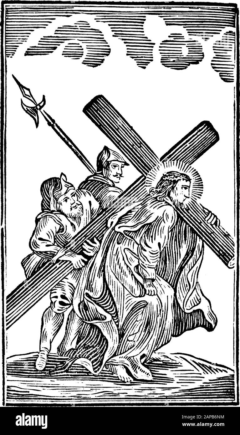 Antique vintage biblical religious engraving or drawing of 5th or fifth Station of the Cross or Way of the Cross or Via Crucis. Simon of Cyrene helps Jesus carry the cross.Bible,New Testament,Mittlerer Himmelsschlussel, Neuhaus, Germany, 1840 Stock Vector