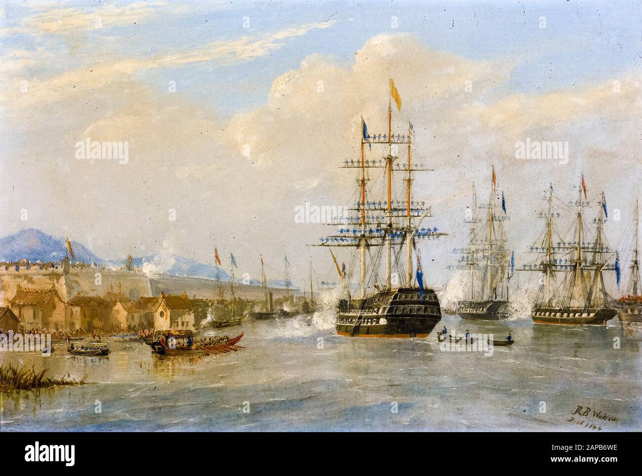 HMS Cornwallis and the British squadron under the walls of Nanking, (Nanjing), saluting the peace treaty, painting by Rundle Burges Watson, 1840-1850 Stock Photo