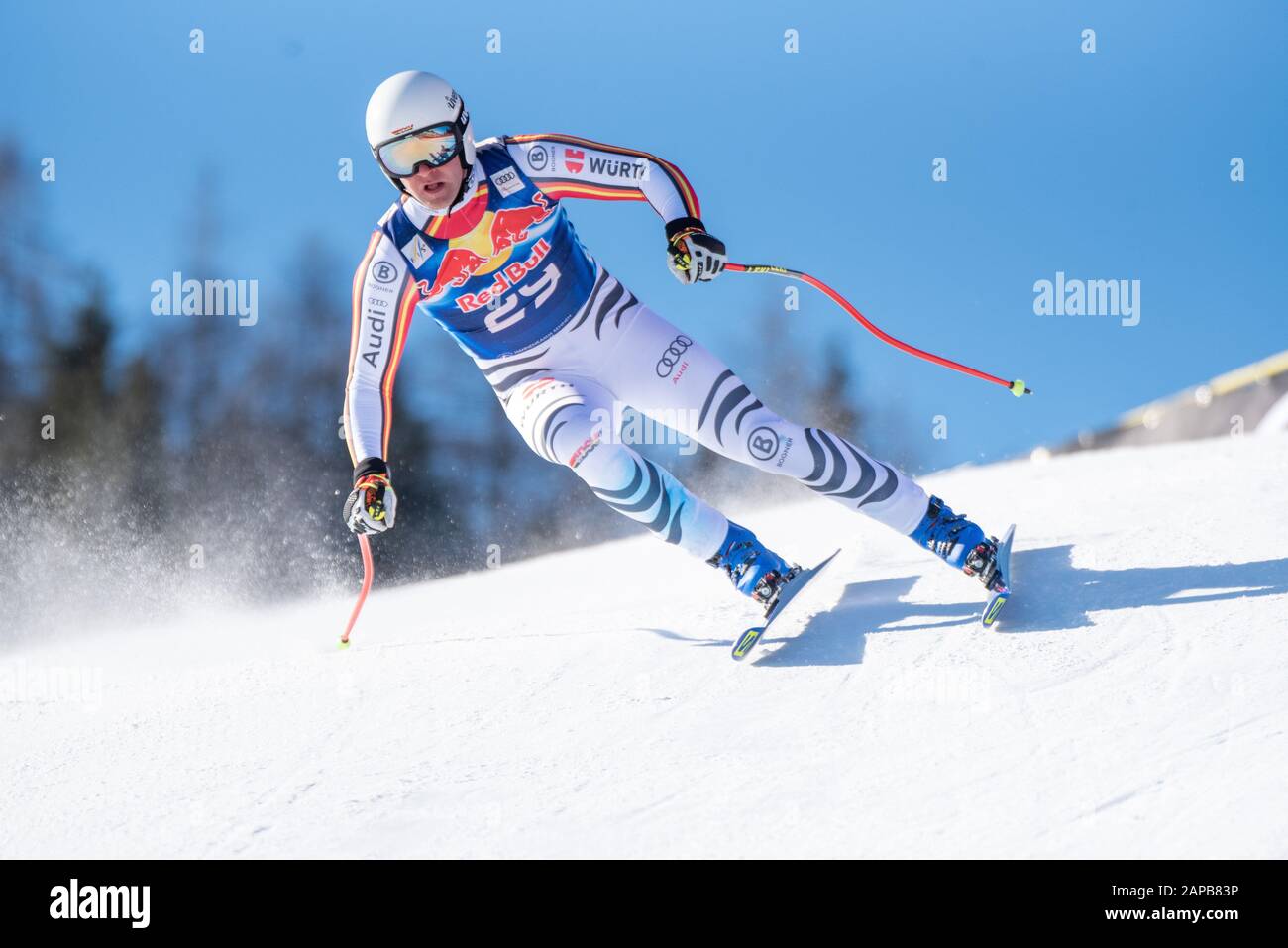 Romed Baumann of Germany at the Ski Alpin: 80. Hahnenkamm Race 2020 - Audi FIS Alpine Ski World Cup - Men's Downhill Training at the Streif on January 22, 2020 in Kitzbuehel, AUSTRIA. (Photo by Horst Ettensberger/ESPA-Images) Stock Photo