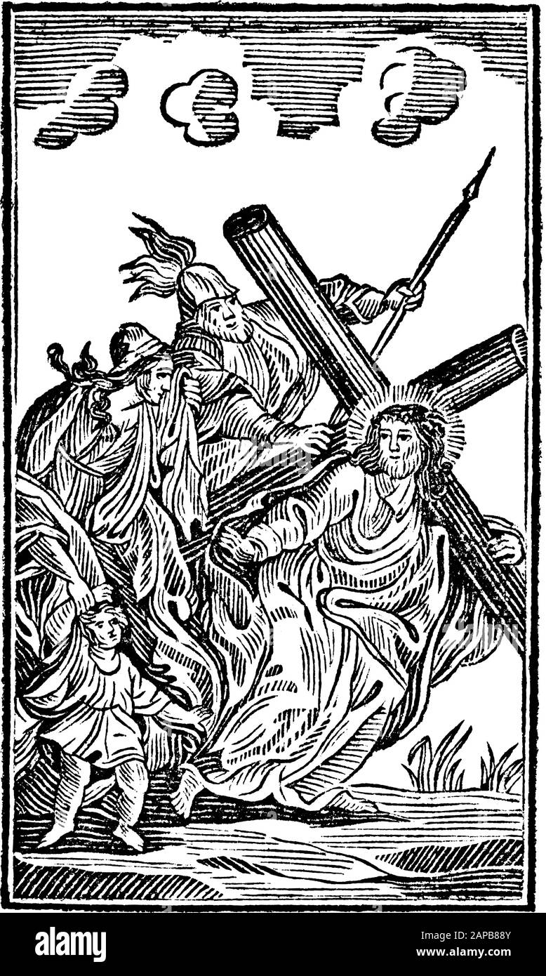 Antique vintage biblical religious engraving or drawing of 8th or eighth Station of the Cross or Way of the Cross or Via Crucis. Jesus meets the women of Jerusalem.Bible,New Testament,Mittlerer Himmelsschlussel, Neuhaus, Germany, 1840 Stock Vector