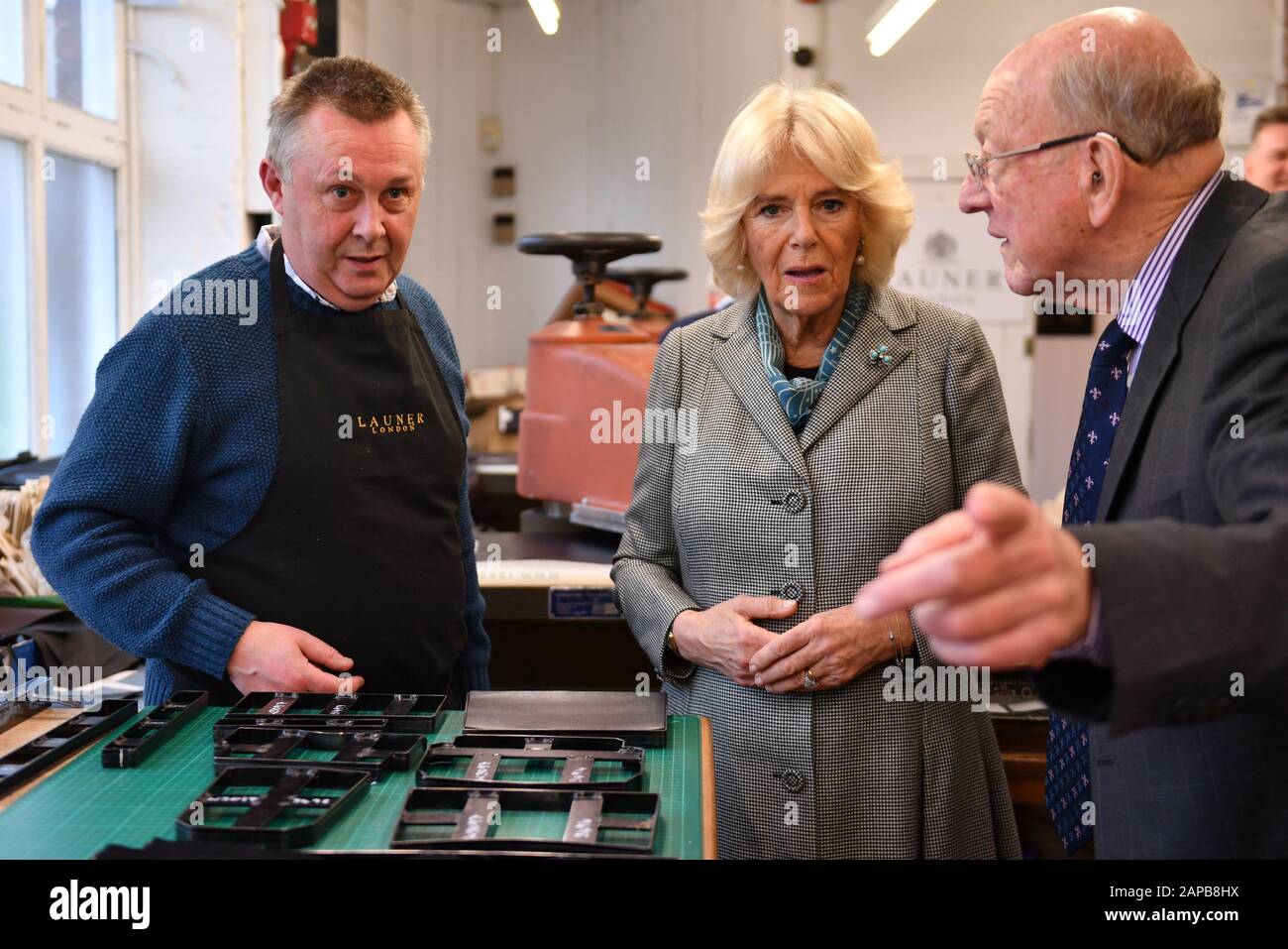 The Duchess of Cornwall during a visit to the factory of the high-end handbag firm Launer in Birmingham. Stock Photo