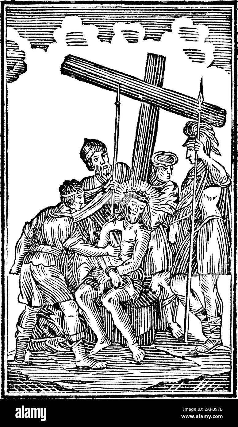 Antique vintage biblical religious engraving or drawing of 10th or tenth Station of the Cross or Way of the Cross or Via Crucis. Jesus is stripped of his clothes.Bible,New Testament,Mittlerer Himmelsschlussel, Neuhaus, Germany, 1840 Stock Vector