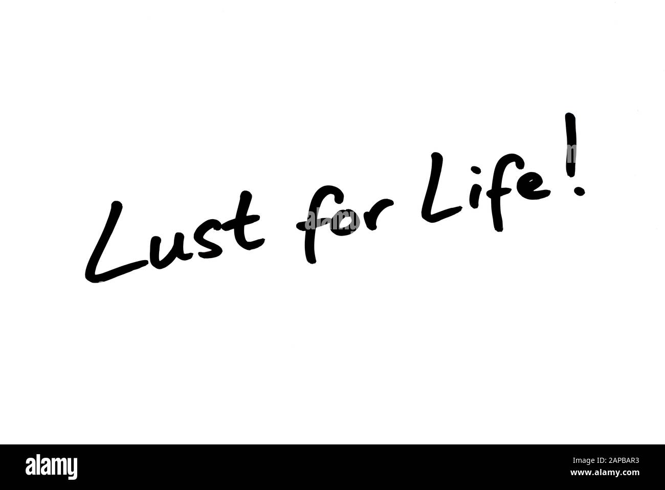 Close-up of the phrase Lust For Life! handwritten on a white background