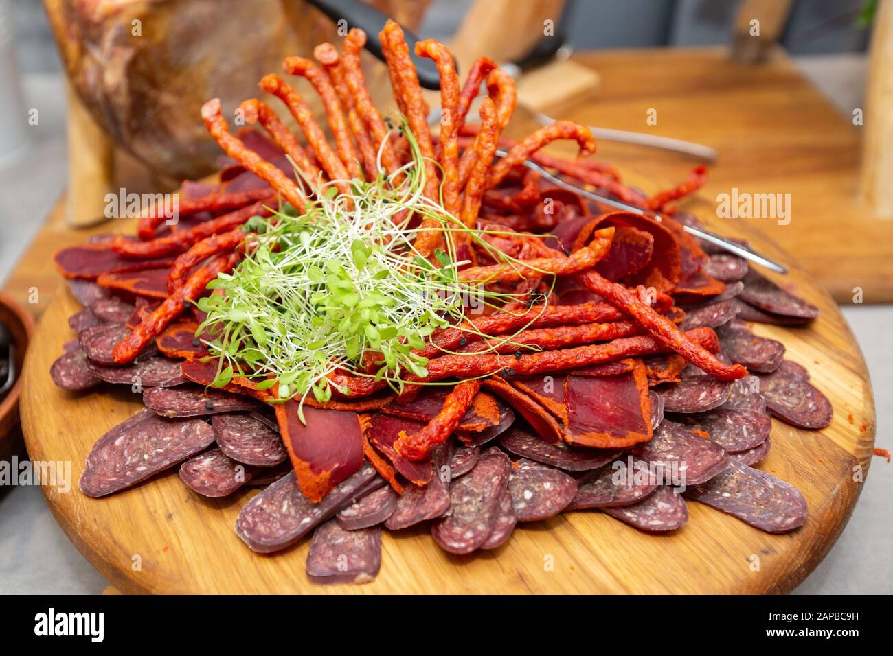 Food tray with delicious salami Meat platter with selection Cutting