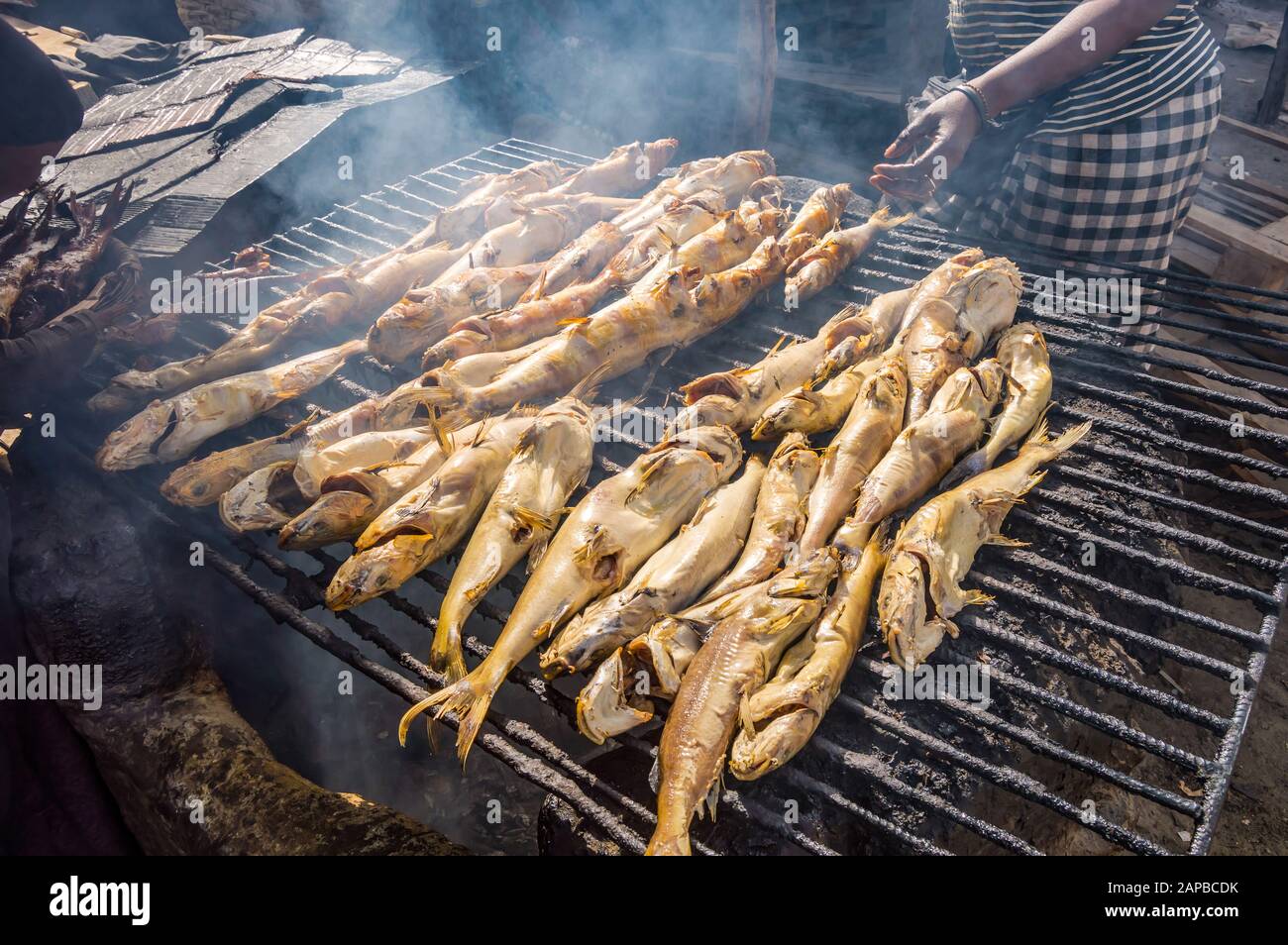 Smoking fish on a grill using charcoal in the port of Banjul in The