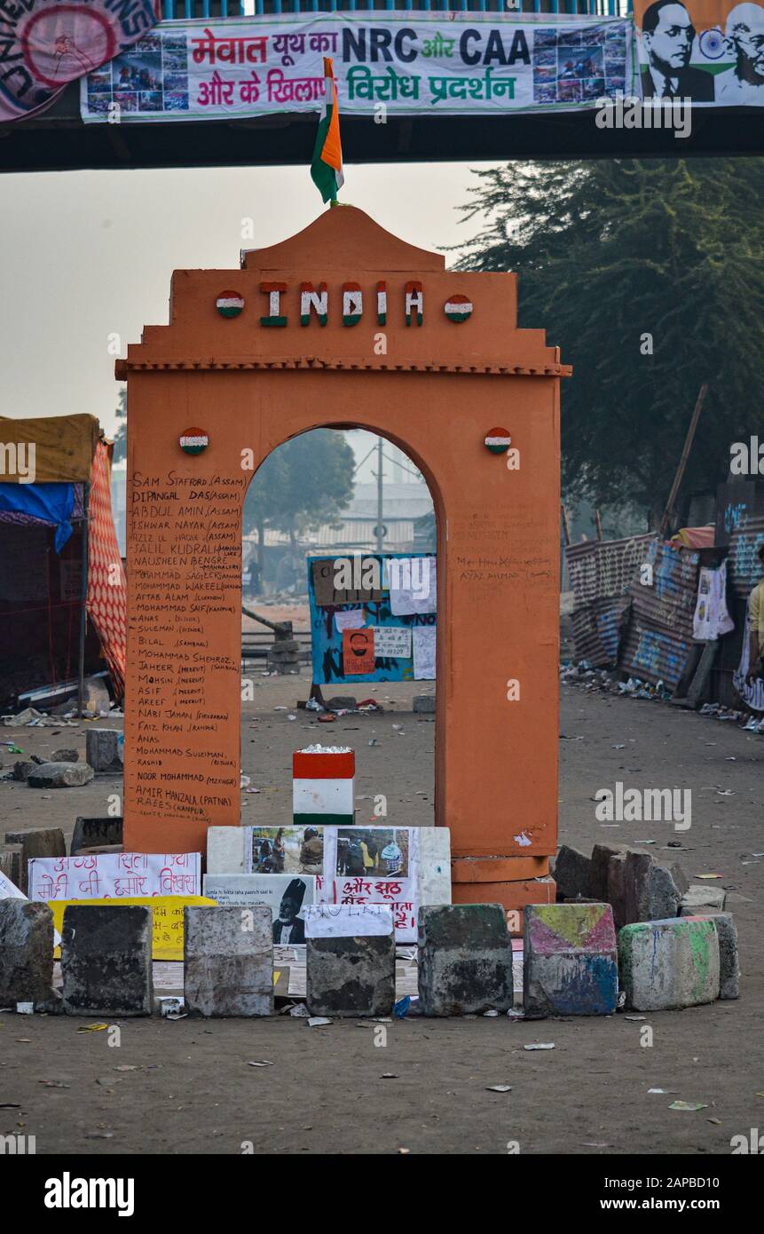 Women Protest against CAA & NRC, Shaheen Bagh, New Delhi, India-January 12, 2020: The replica of India Gate at the Shaheen Bagh, New Delhi. Stock Photo