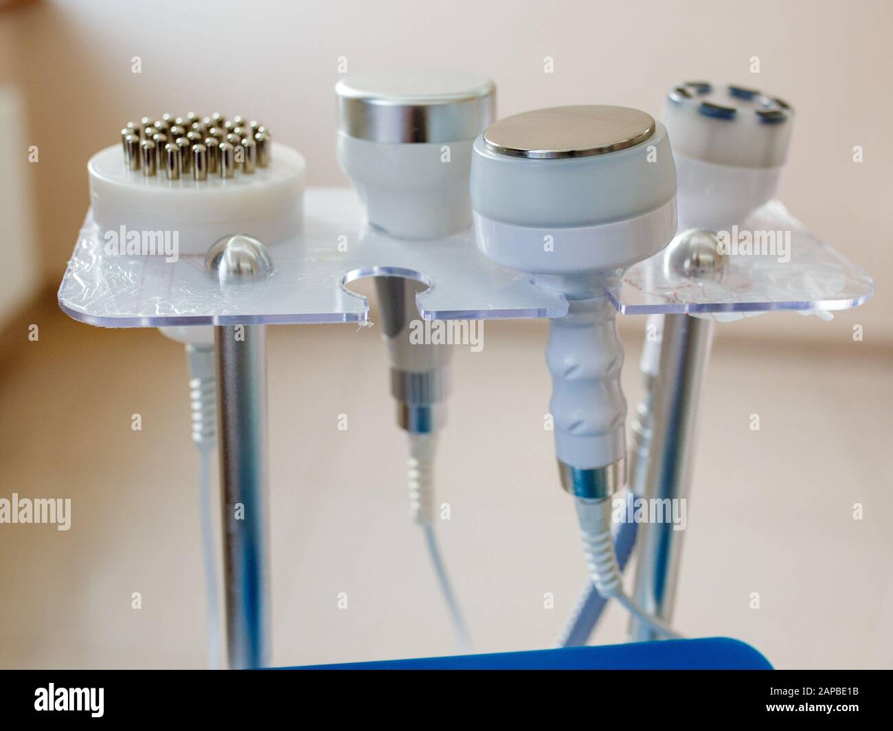 A set of medical instruments for cosmetology apparatus for liposuction and massage, for the correction of the body. Machine. Close-up of various tools of medical. Stock Photo