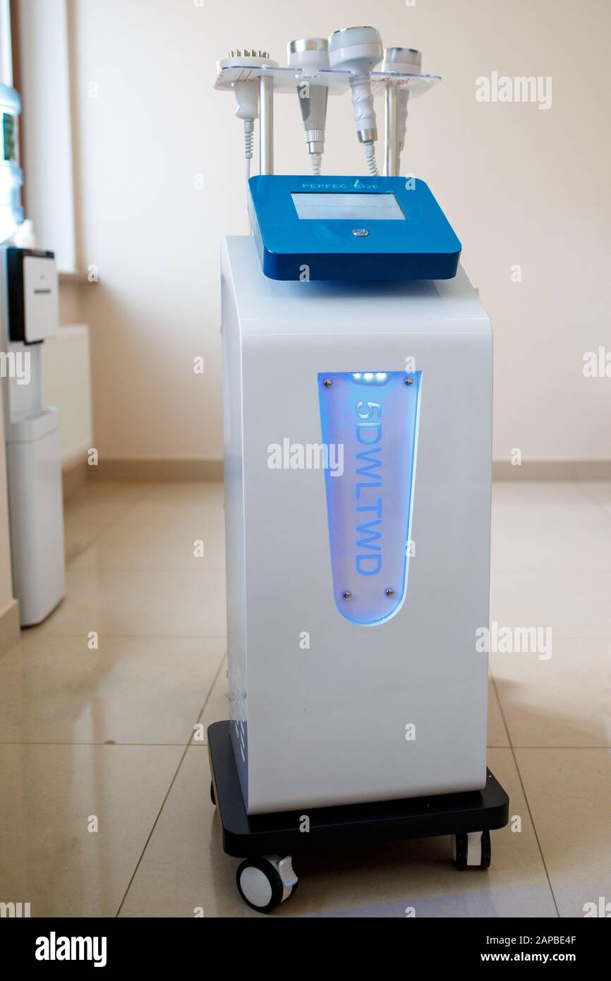 A set of medical instruments for cosmetology apparatus for liposuction and massage, for the correction of the body. Machine. Close-up of various tools of medical. Stock Photo