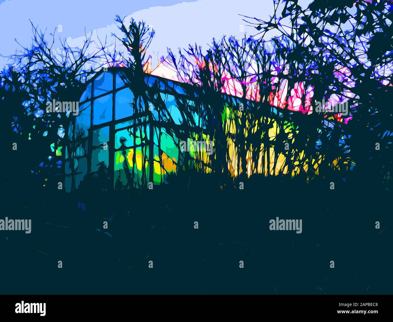 Greenhouse back lit by setting sun multi colours with silhoutte Stock Photo