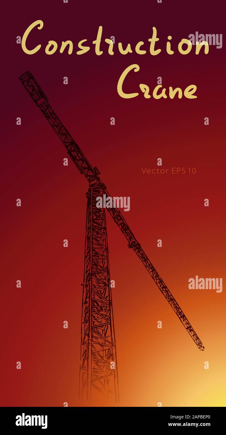 Tower construction crane. Hand drawn vector illustration Stock Vector