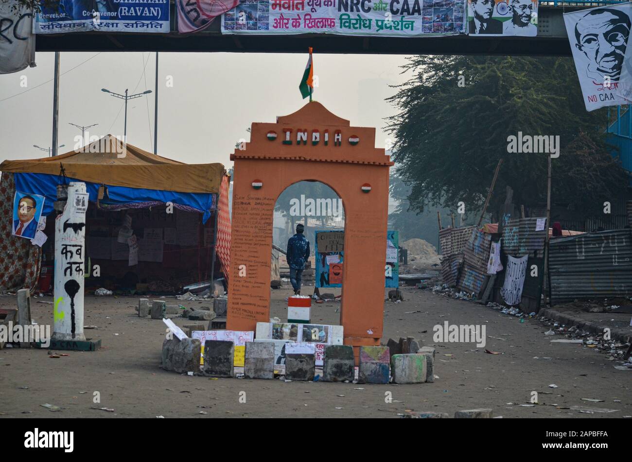 Women Protest against CAA & NRC, Shaheen Bagh, New Delhi, India-January 12, 2020: The replica of India Gate at the Shaheen Bagh, New Delhi. Stock Photo