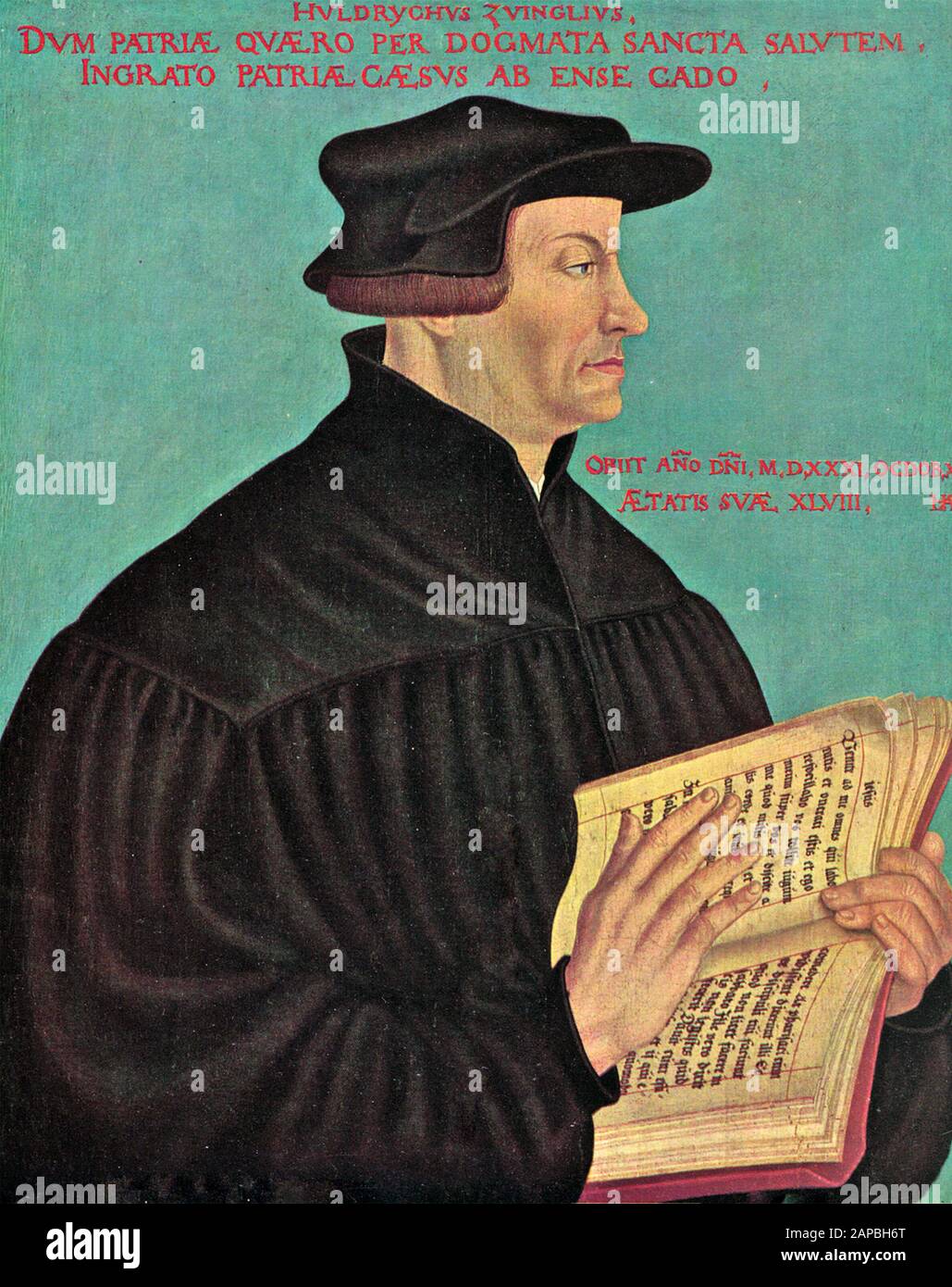 ULRICH ZWINGLI (1484-1531) Swiss Renaissance humanist in a 1549 painting buy Hans Asper Stock Photo