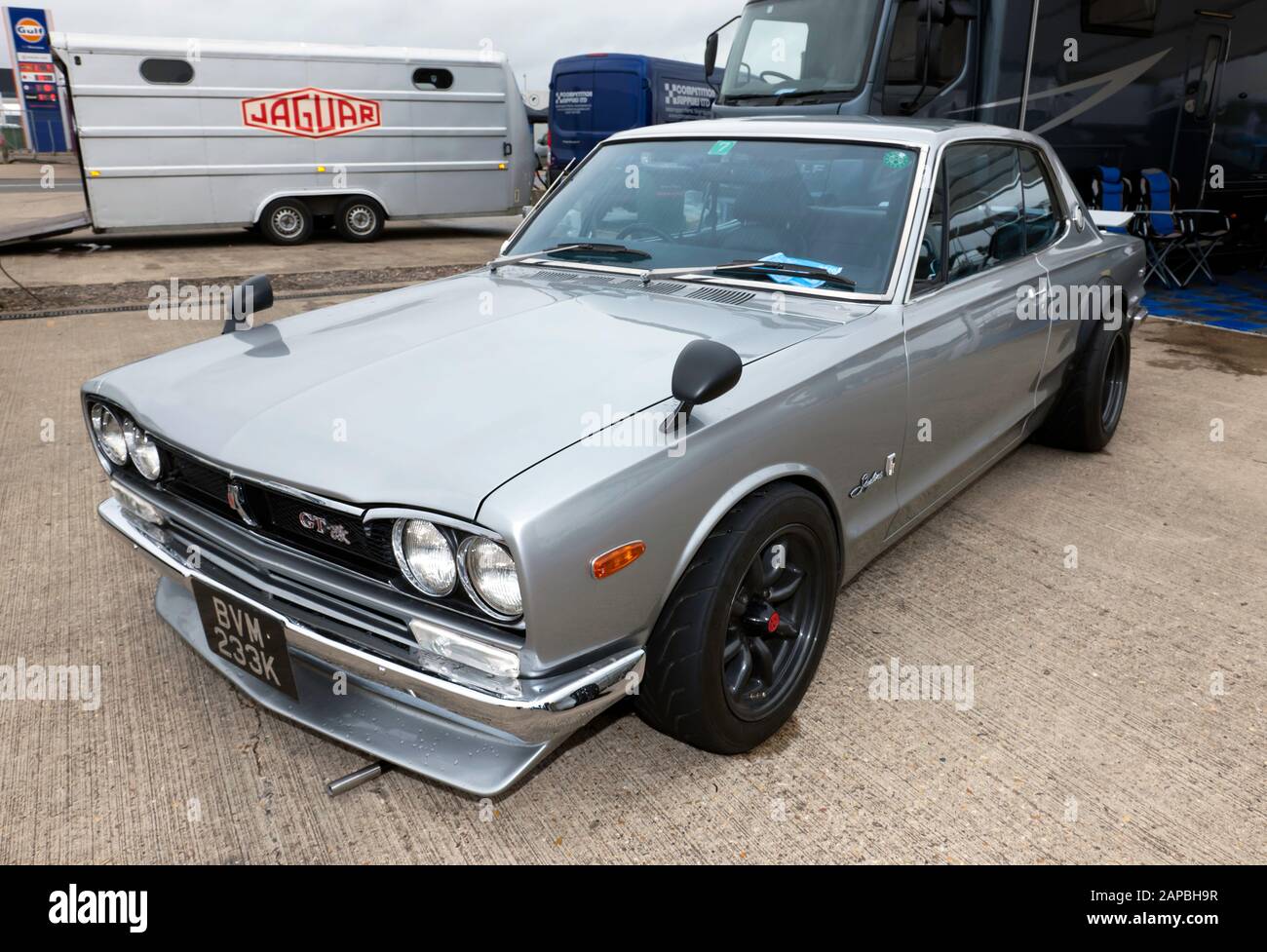 Three-quarter front view of a First Generation, Grey, 1972, Nissan Skyline  GT-R, on display in the GT-R Drivers Zone, of the 2019 Silverstone Classic  Stock Photo - Alamy