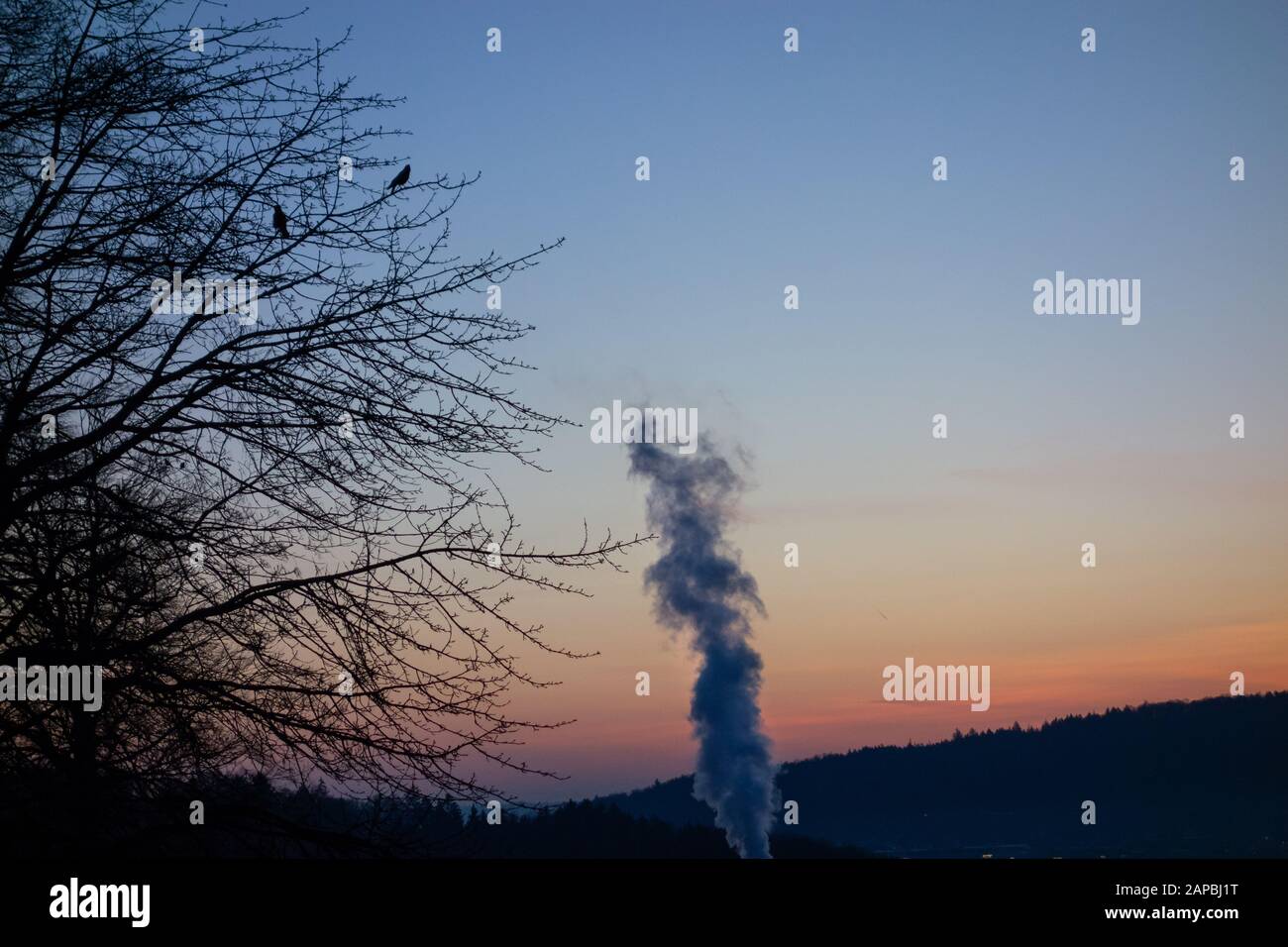chimney smoke at dawn in winter Stock Photo