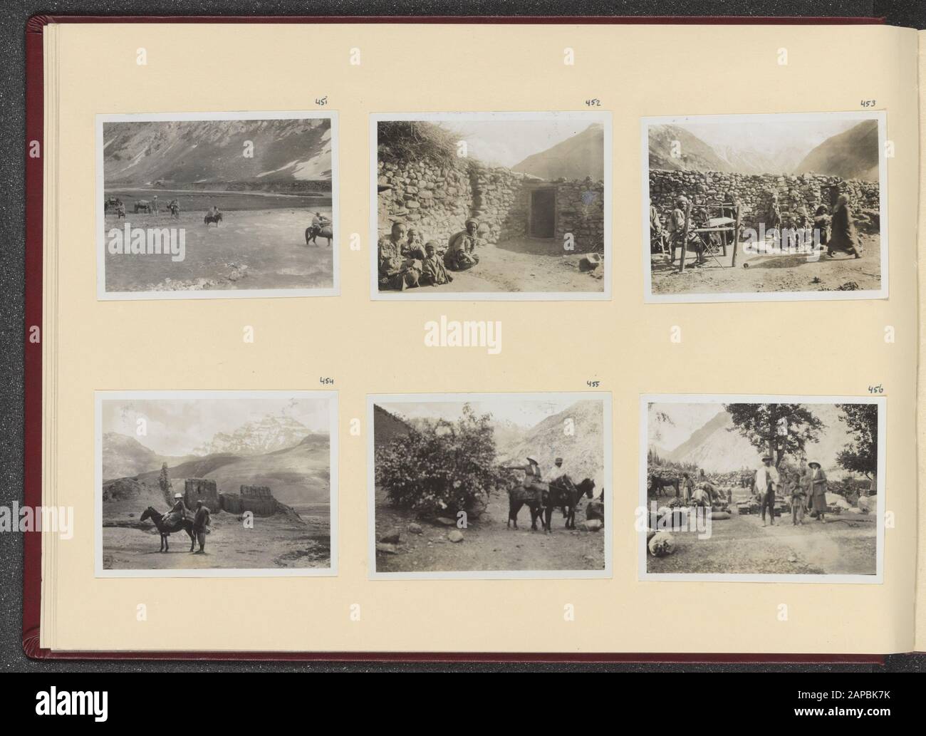 Photoalbum Fisherman: First Karakoru expedition, 1922 Description: Album  sheet with six photos. Upper left: the expedition caravan passes through a  mountain stream under the Zoji-la; upper middle: indigenous inhabitants in  cabins in