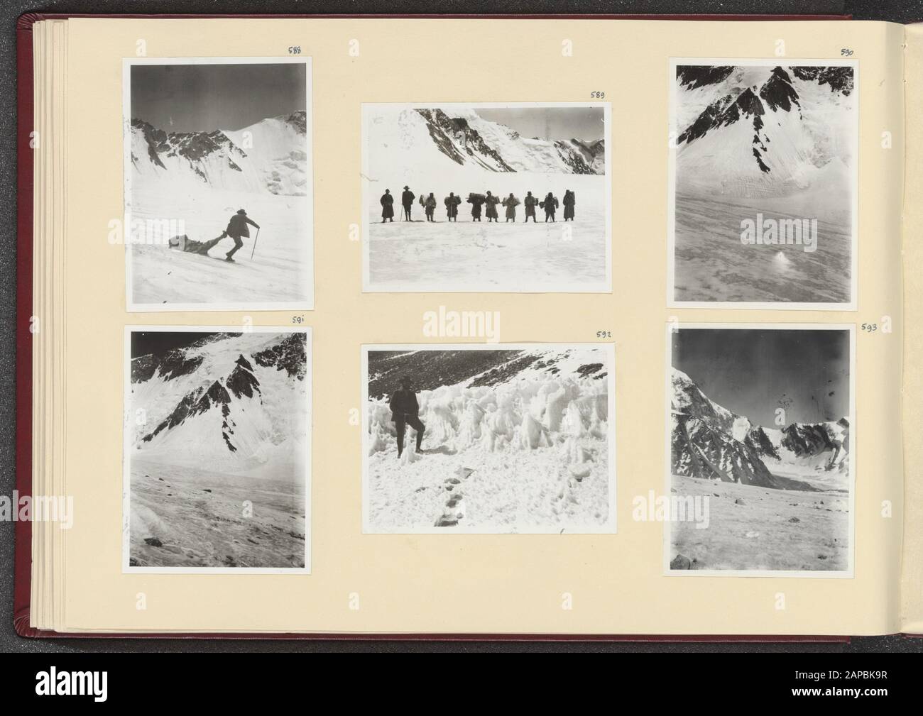 Photoalbum Fisherman: First Karakoru expedition, 1922 Description: Album sheet with six photos. Top left: Franz Lochmatter drags a fearful and unwilling cooly down; upper middle: the coolies on the glacier; upper right and lower left: the rock ribs over which the expedition members had climbed; middle left: Franz Lochmatter at snow pyramids between Camps 4 and 5; lower right: a kleine glestjer who had visited Franz Brantschen Date: 1922/08/30 Location: India, Karakorum, Pakistan Keywords: mountains, glaciers, coolies Personal Name: Lochmatter, Franz Stock Photo