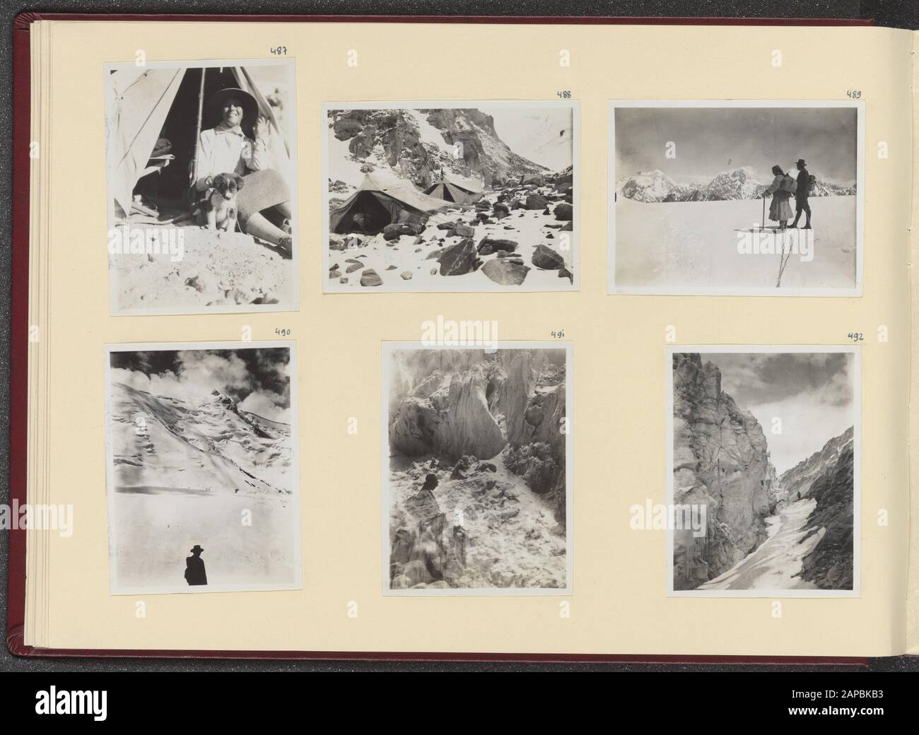 Photoalbum Fisherman: First Karakoru expedition, 1922 Description: Album sheet with six photos. Upper left: Jenny Visser-Hooft and the puppy Tshi Tsering in front of the tent in the camp near the Lashi glacier; upper middle: the highest camp at the Lashi glacier; upper right: Ph.C. Fisherman and a cooler at the view of the Lashi mountains; lower left: Ph.C. Fisherman at the view of the Lashi mountains to south; lower middle: double recording, view of the Maulong glacier and the mountain slope; lower right: A 'edge' of the Maulong glacier seen downhill Date: 1922/07/19 Location: India, Karakoru Stock Photo