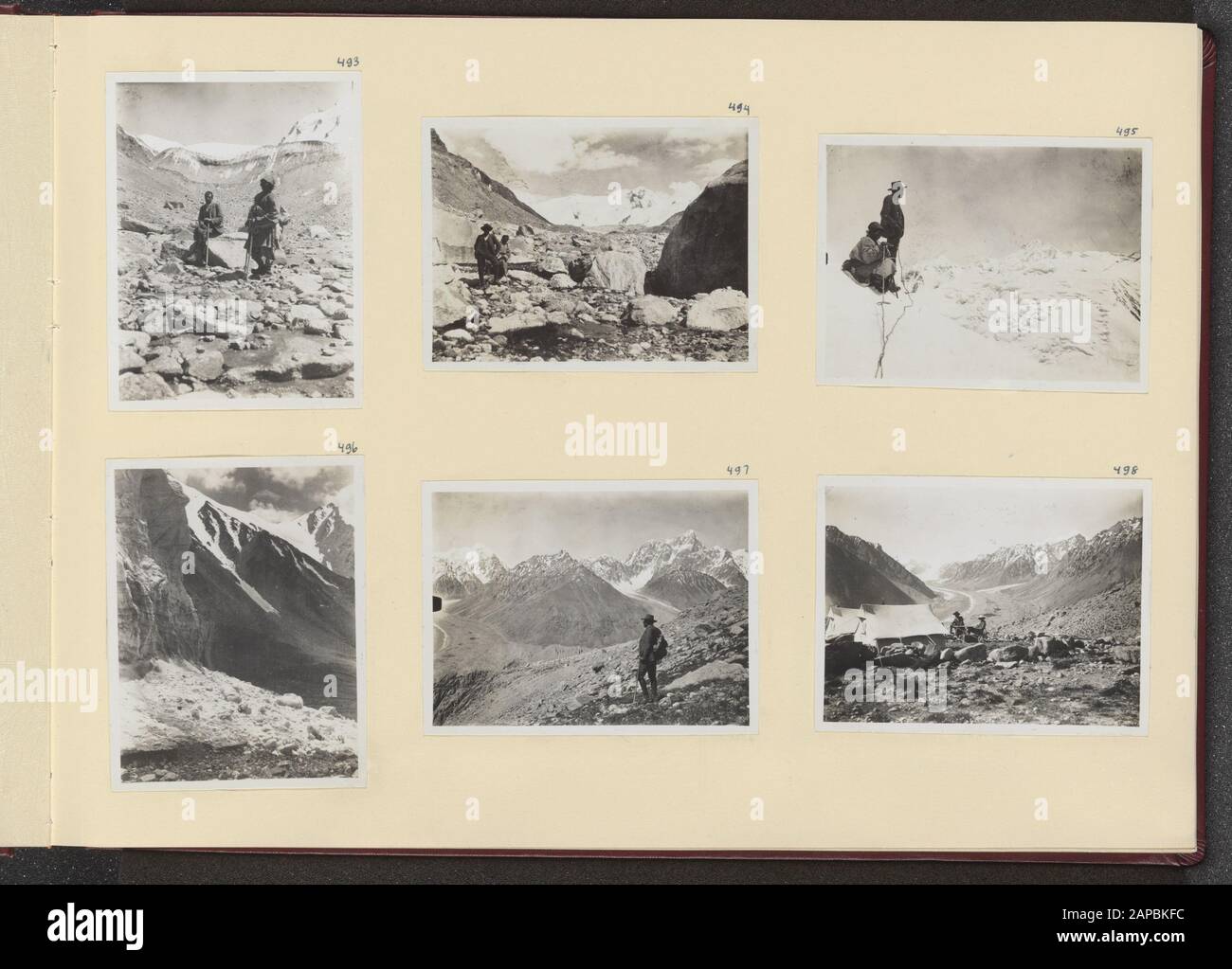 Photoalbum Fisherman: First Karakoru expedition, 1922 Description: Album sheet with six photos. Top left: Ph.C. Fisherman and a cooler at the end of the Maulong Glacier; upper centre: the Maulong Glacier; upper right: Ph.C. Fisherman and a cooler for the three highest peaks of the Sasir group; lower left: a field of edelweiss; lower middle: the K32 with the Mungistang glacier; lower right: camp in the Lashi valley with in the background the K32 Date: 1922/07/19 Location: India, Karakorum, Pakistan Keywords: mountains, flowers, glaciers, tents Personal name: Fisherman, Ph.C. Stock Photo