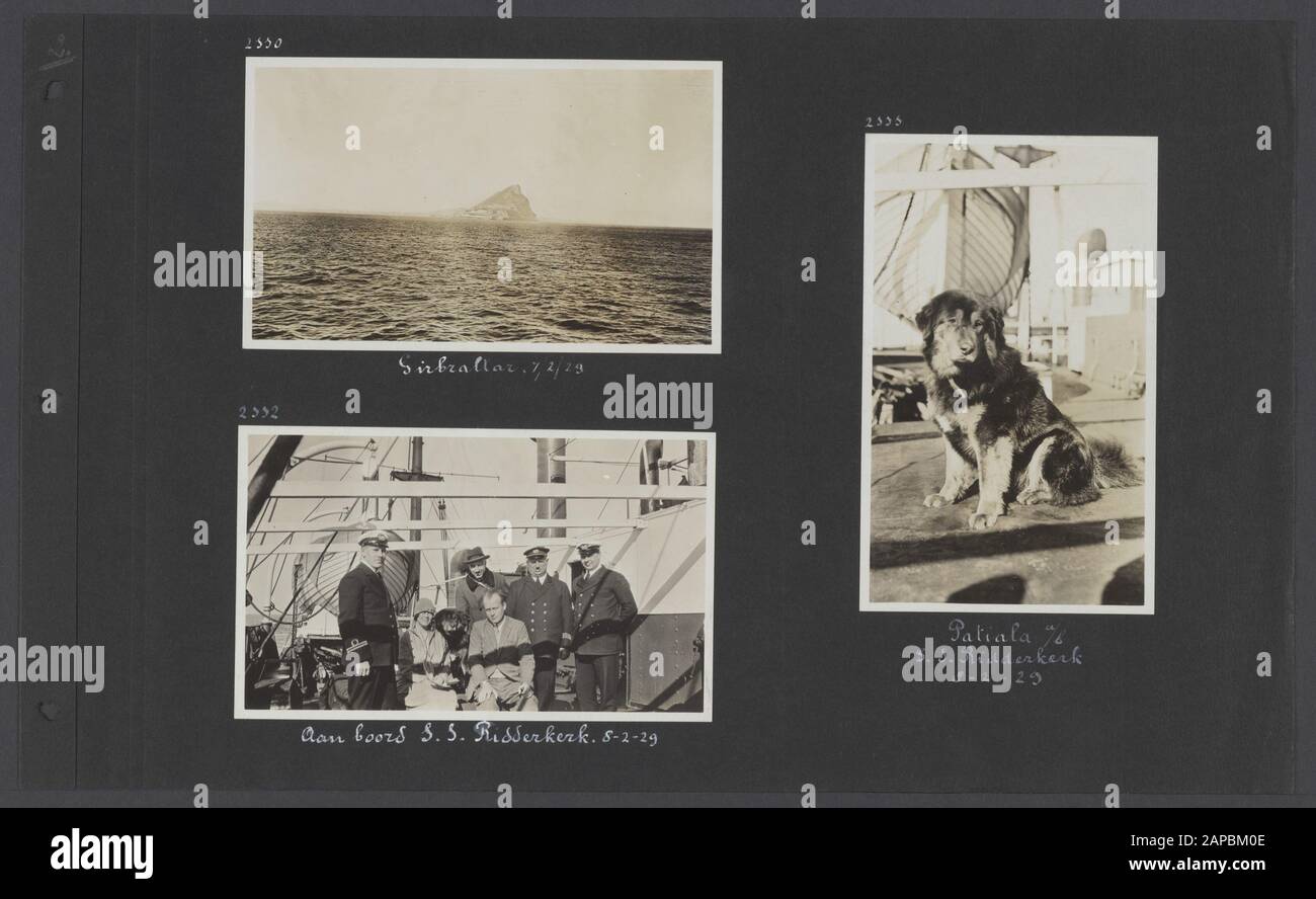 Photoalbum Fisherman: Third Karakoru expedition, 1929 Description: Album sheet with three photos. Top left: the rock of Gibraltar; bottom left: the expedition members Jenny Visser-Hooft, J.A. Sillem (to the right of her) and Ph.C. Fisherman and the dog Patiala with the crew of the SS Knight Church; right: the dog Patiala aboard the SS Knight's Church. Patiala, a Tibetan mastiff, was given to Jenny Visser-Hooft in 1925 by the maharaja of Patiala Date: 1929/02/07 Location: Gibraltar, Spain Keywords: crew, dogs, ships Personname: Sillem, J.A., Fisherman, Ph.C., Fisherman Hooft, Jenny Stock Photo