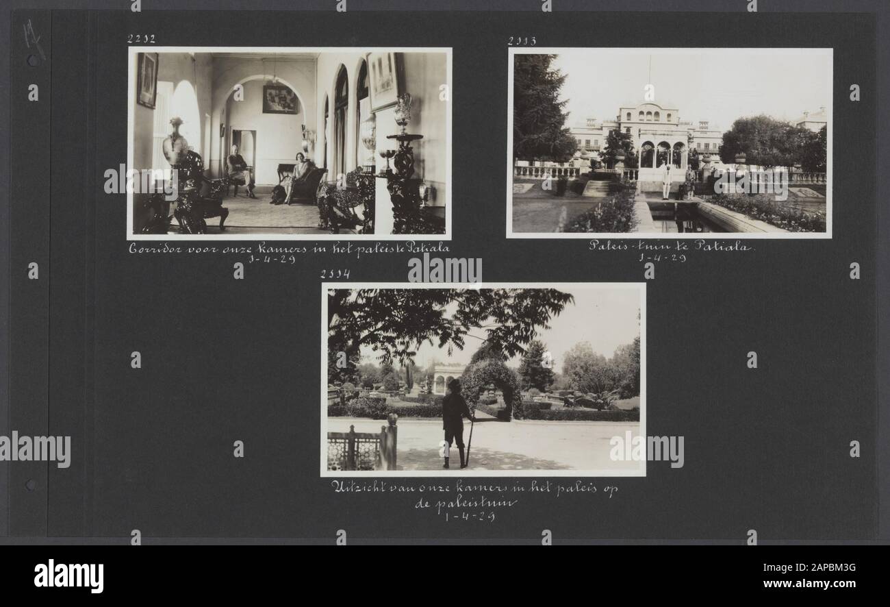 Photoalbum Fisherman: Third Karakoru expedition, 1929 Description: Album sheet with three photos. Upper left: J.A. Sillem and Jenny Visser-Hooft in the corridor of the palace of the maharaja of Patiala; upper right: the garden of the palace of the maharaja of Patiala; below: the view from the room of the couple Visser in the palace of the maharaja of Patiala Date: 1929/04/01 Location: India, Patiala Keywords: palaces, gardens Personal name: Sillem, J.A., Visser-Hooft, Jenny Stock Photo