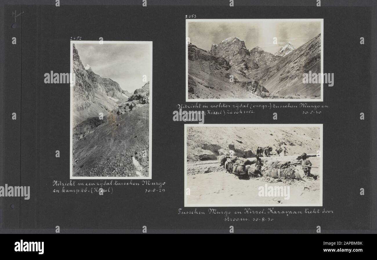 Photoalbum Fisherman: Third Karakoru expedition, 1929-1930 Description: Album sheet with three photos. view on a side valley from Camp 46 between Murgo and Kizzel; upper right: view in the right side valley upstream between Murgo and Camp 46 in Kizzel; lower right: the expedition pulls through a stream between Murgo and Kizzel Date: 1929/08/10 Location: India, Karakorum, Pakistan Keywords: mountains, coolies, horses, rivers Stock Photo