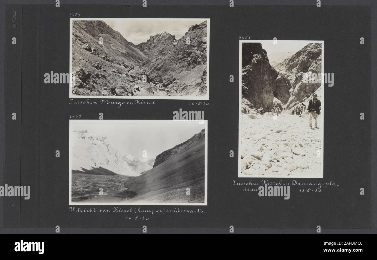 Photoalbum Fisherman: Third Karakoru expedition, 1929-1930 Description: Album sheet with three photos. Top left: valley between Murgo and Kizzel; bottom left: view from camp 46 in Kizzel, southward; right: the expedition between Kizzel and the Depsang plateau Date: 1929/08/10 Location: India, Karakorum, Pakistan Keywords: mountains, expeditions, coolies Stock Photo