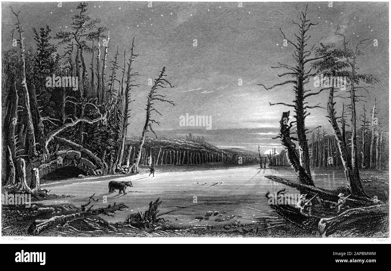 An engraving of a Winter Scene on the Catterskill scanned at high resolution. from a book printed in 1840.  Believed copyright free. Stock Photo
