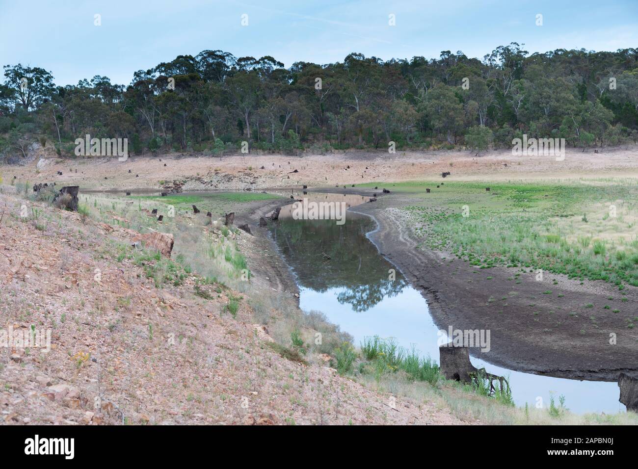 A fresh water reservoir feeder creek running dry due to the drought in