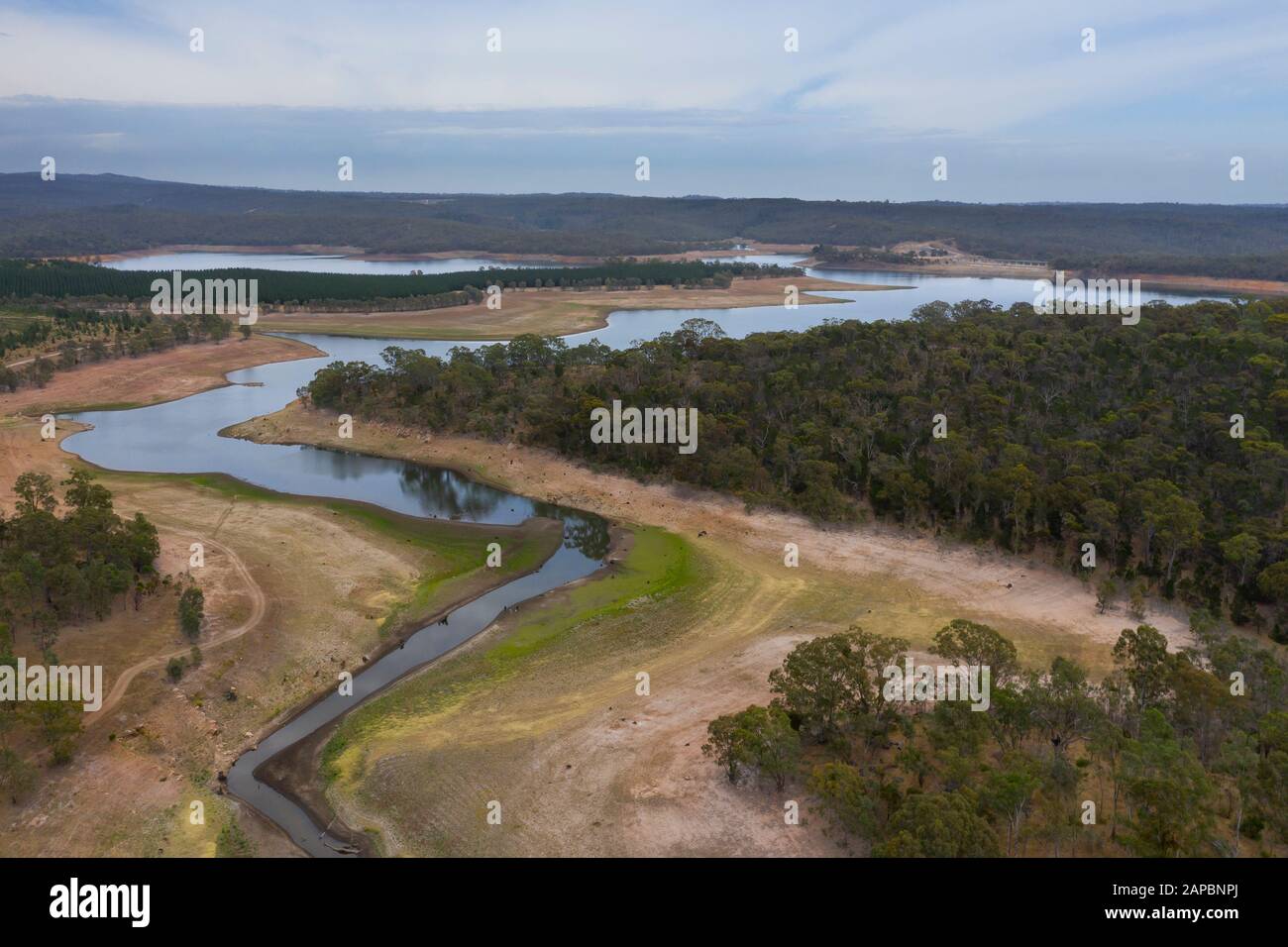 Aerial view of a fresh water reservoir in rural Australia which is