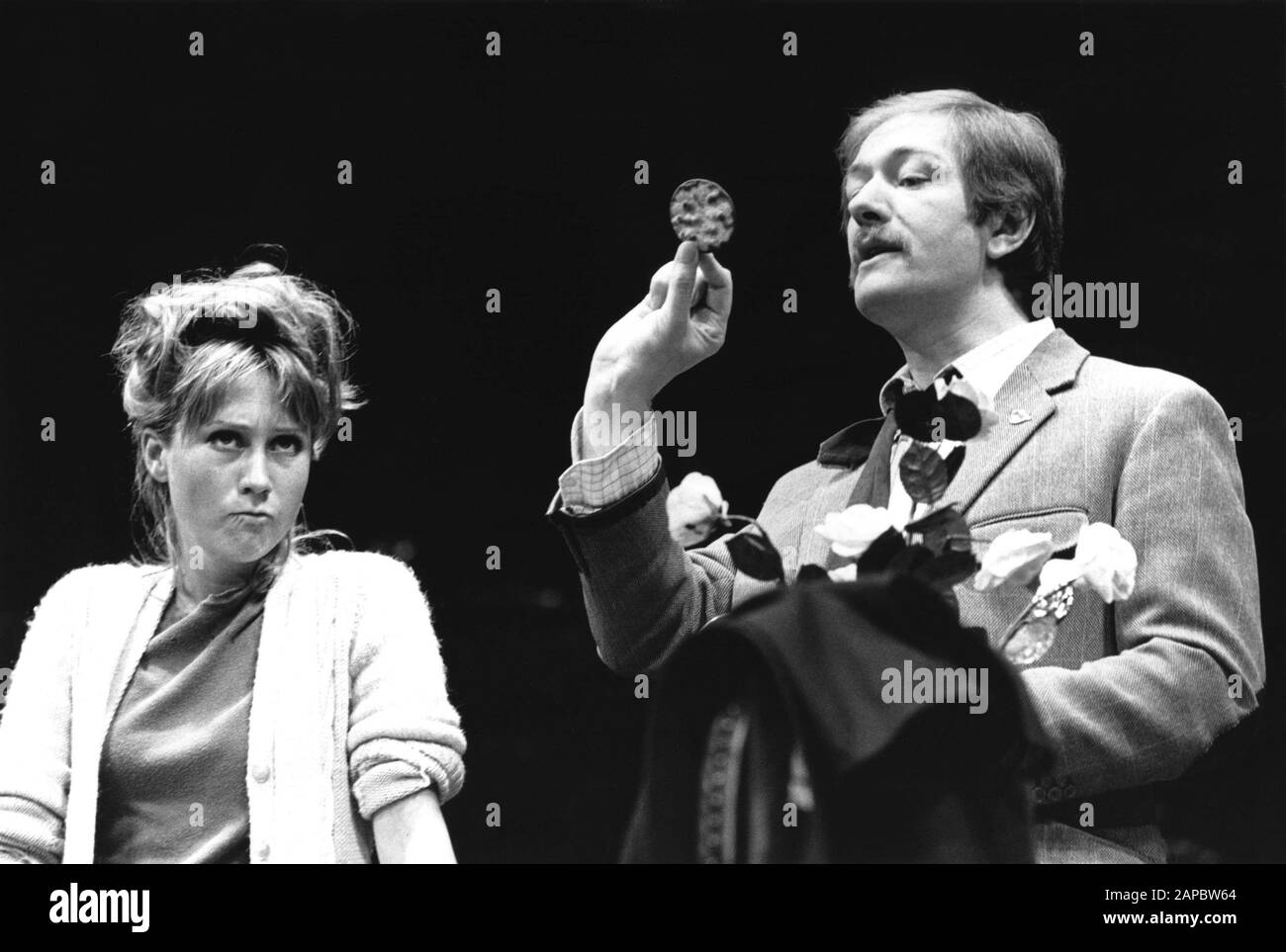 Felicity Kendal (Annie), Michael Gambon (Tom) in TABLE MANNERS by Alan Ayckbourn, part of his THE NORMAN CONQUESTS trilogy directed by Eric Thompson at the Globe Theatre, London W1 in 1974. Michael John Gambon, born in Cabra, Dublin in 1940, moved to London at the age of 6 and became a British citizen. Knighted in 1998. Multi-award-winner, including 3 Oliviers and 4 BAFTAs. Stock Photo