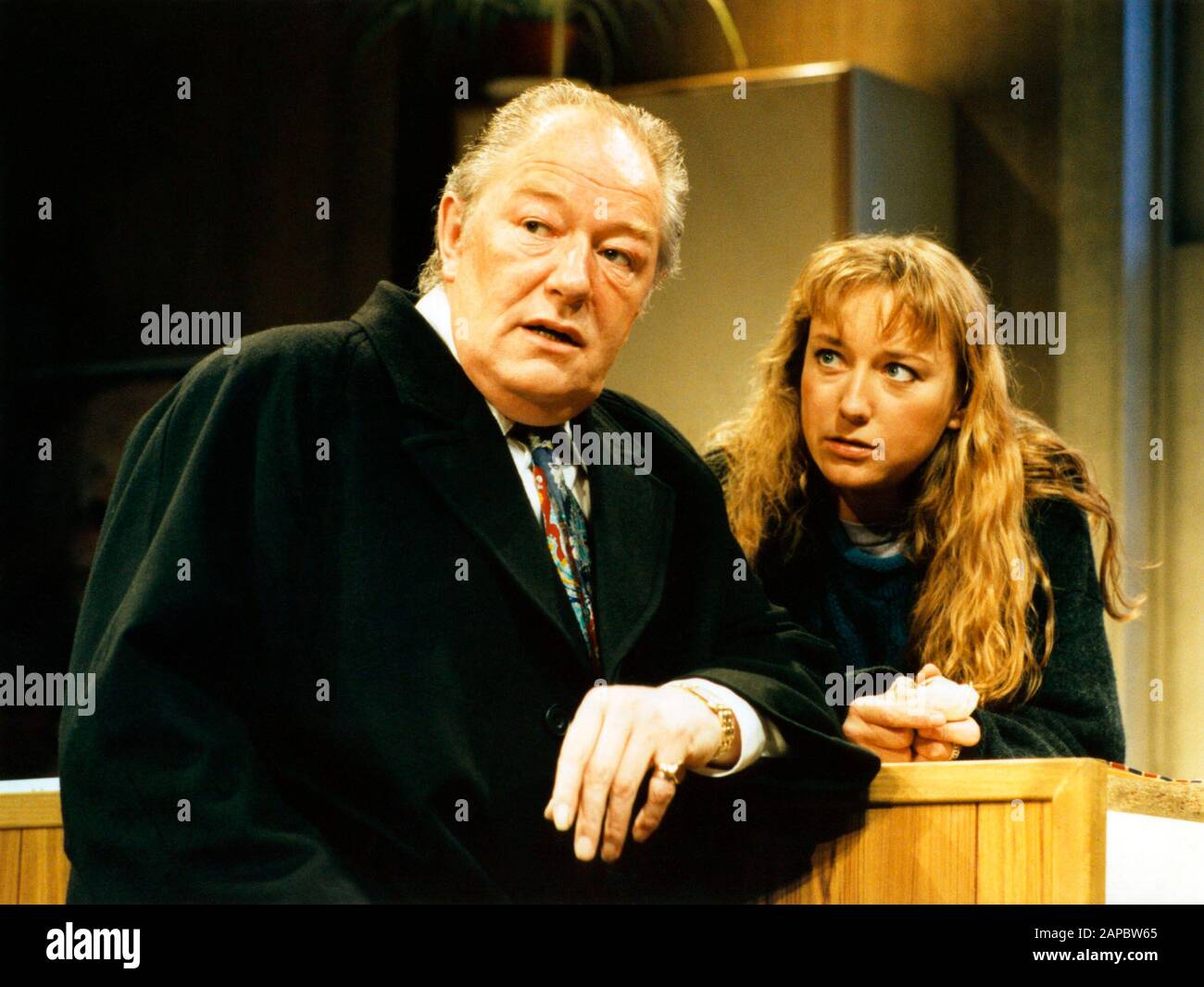 Michael Gambon (Tom Sergeant) with Lia Williams (Kyra Hollis) in SKYLIGHT by David Hare directed by Richard Eyre at the Cottesloe Theatre, National Theatre (NT) London in 1995. Michael John Gambon, born in Cabra, Dublin in 1940, moved to London at the age of 6 and became a British citizen. Knighted in 1998. Multi-award-winner, including 3 Oliviers and 4 BAFTAs. Stock Photo