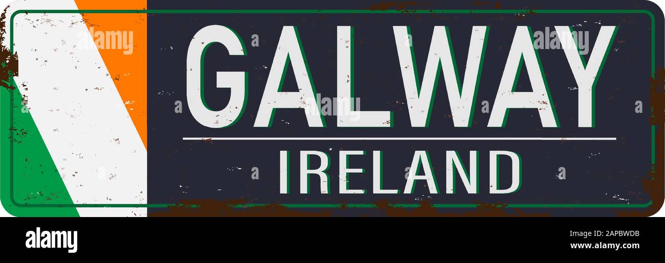Round button Icon of national flag of Ireland Galway. lettering for