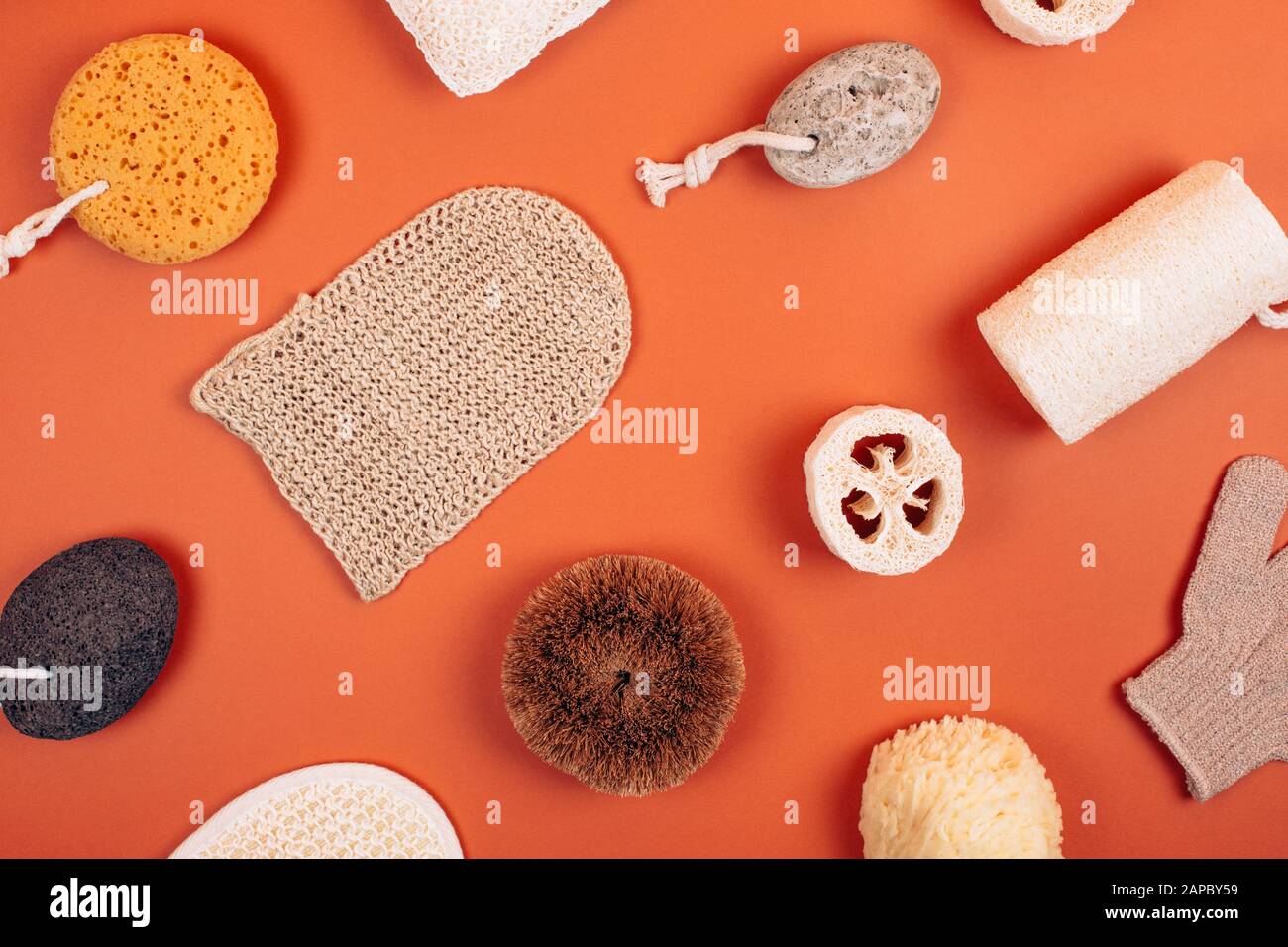 Different types of zero waste sponges for body care. Concept of eco