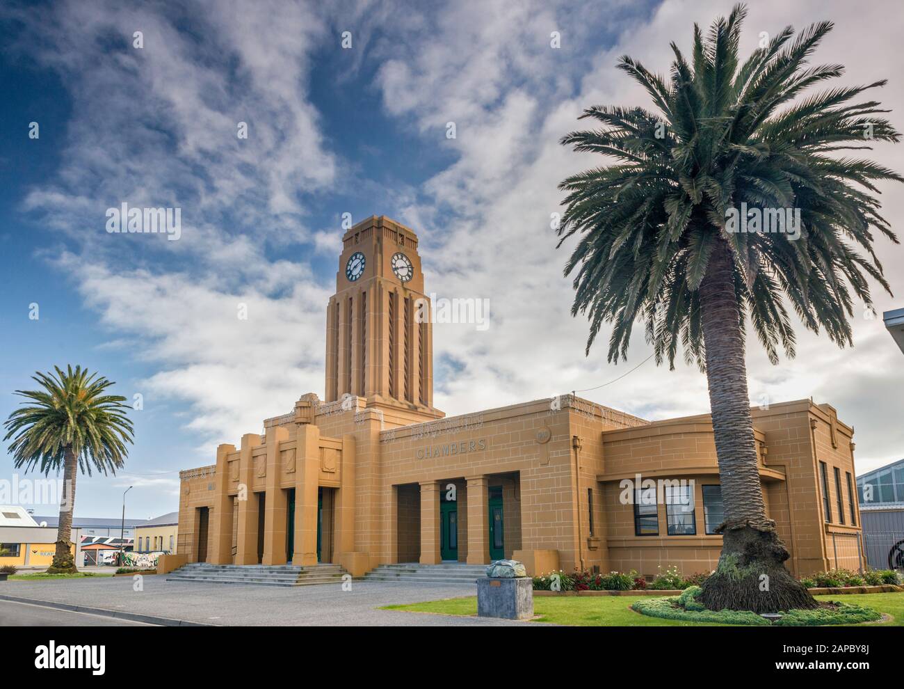 Art Deco influenced Municipal Chambers, civic building, 1938–1940, in Westport, West Coast Region, South Island, New Zealand Stock Photo
