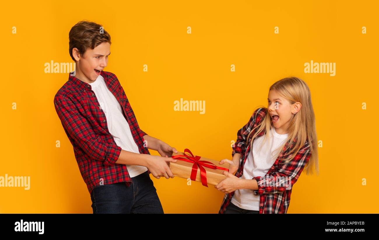 Little brother and sister fighting for gift, pulling present box Stock Photo