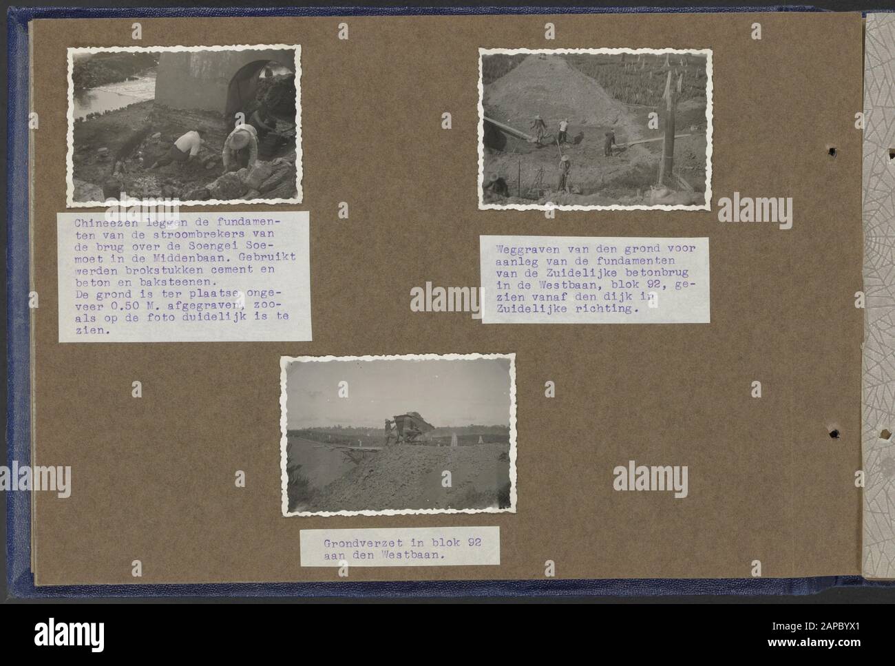 Photo album Deli Maatschappij: Planting oil palms and infrastructure company Soehet Description: 7 Photos related to Report on claims for construction Railways, intersections etc. about the month of July 1934 Annotation: Top left: Chinese lay the foundations of the breakers of the bridge over the Soengie Sudan in the Middenbaan. Used are debris of cement and concrete and bricks. The ground has been excavated on site about 0.50 m., as is clearly shown in the picture. Top right. Excavation of the ground for the construction of the foundations of the Southern concrete bridge in the Westbaan, bloc Stock Photo