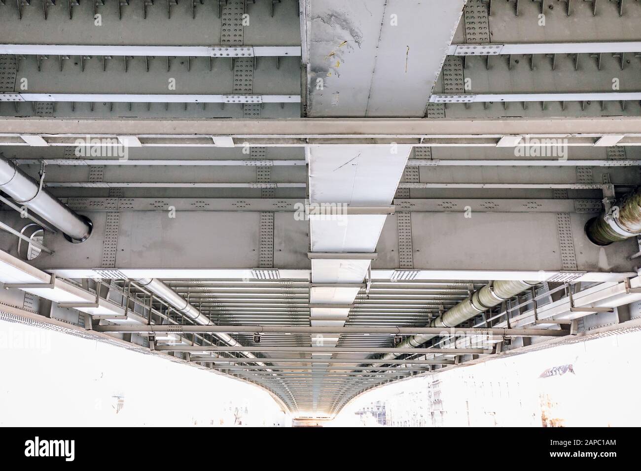 Abstract steel construction from under the bridge at Budapest, Hungary. Stock Photo