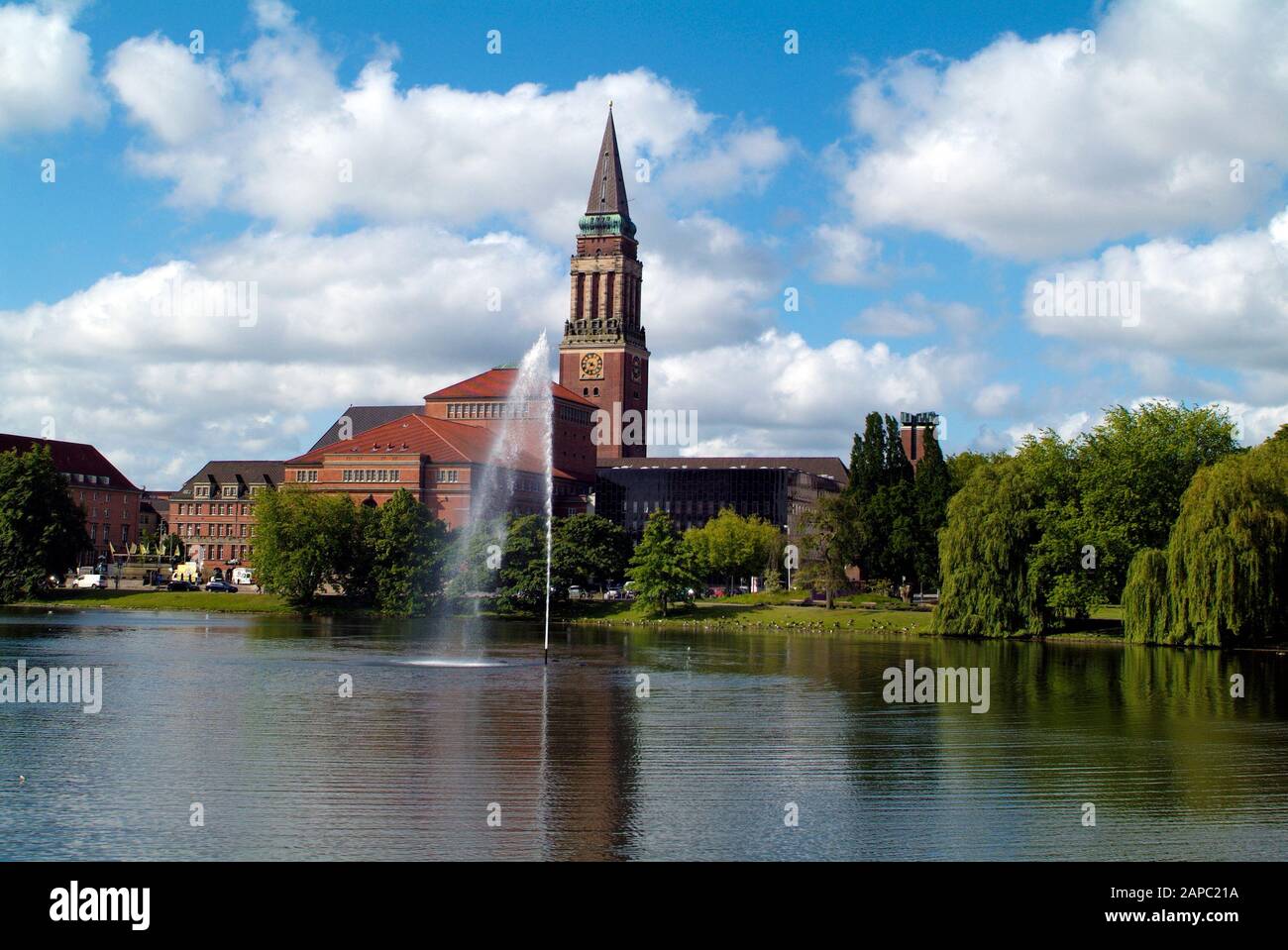 Germany, lake named Little Kiel with fountain, town hall and opera building Stock Photo