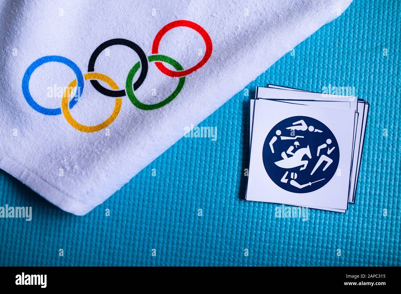 Tokyo Japan January 20 2020 Modern Pentathlon Pictogram And Olympic Rings Original Wallpaper For Olympic Game Stock Photo Alamy