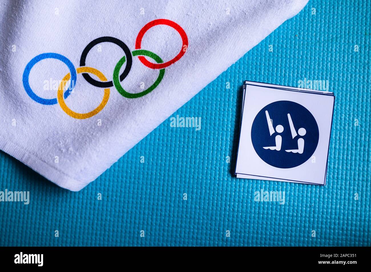Tokyo Japan January 20 2020 Artistic Swimming Pictogram And Olympic Rings Original Wallpaper For Olympic Game Stock Photo Alamy